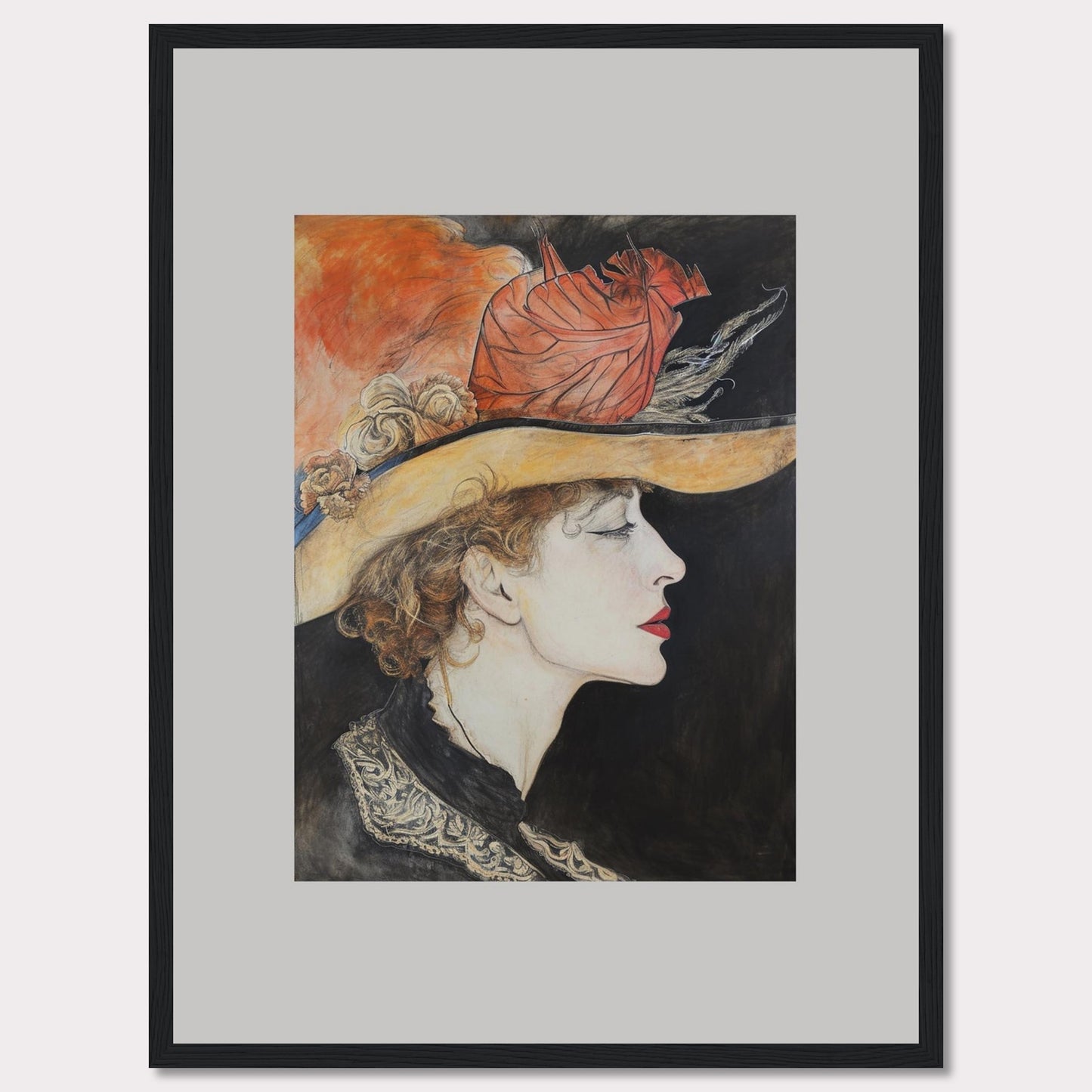 This captivating artwork features a side profile of a woman wearing an elegant hat adorned with feathers and flowers. The detailed illustration showcases her serene expression, accentuated by bold red lips and delicate curls framing her face. The background contrasts beautifully with the vibrant colors of the hat, adding depth to the portrait.