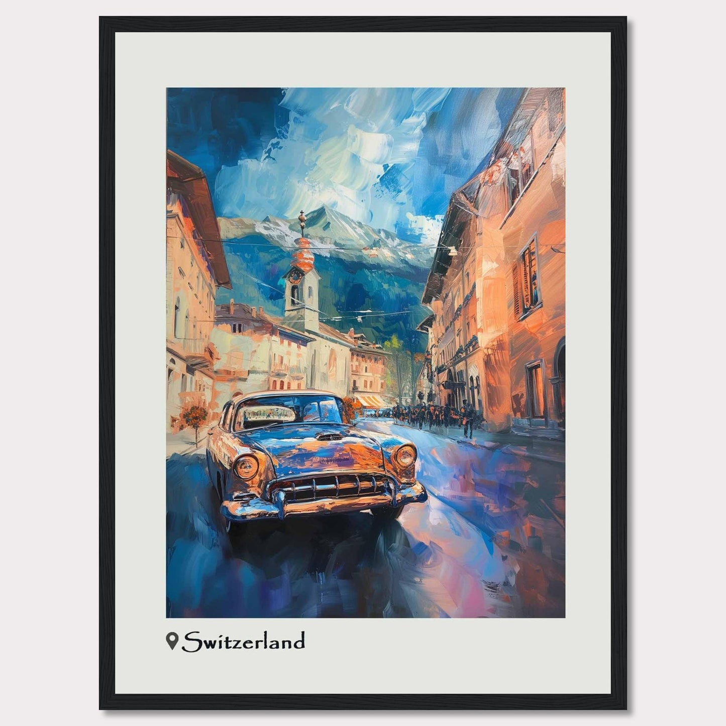 This vibrant painting captures the charm of a Swiss town with a classic car driving through its picturesque streets. The scene is set against a backdrop of majestic mountains under a dynamic sky.