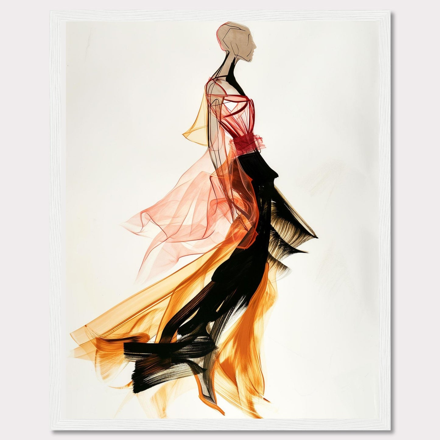 This captivating artwork showcases a fashion illustration of a figure in a flowing, vibrant dress. The dress features dynamic colors and textures, blending red, orange, and black hues. The abstract style and fluid lines create a sense of movement and elegance.