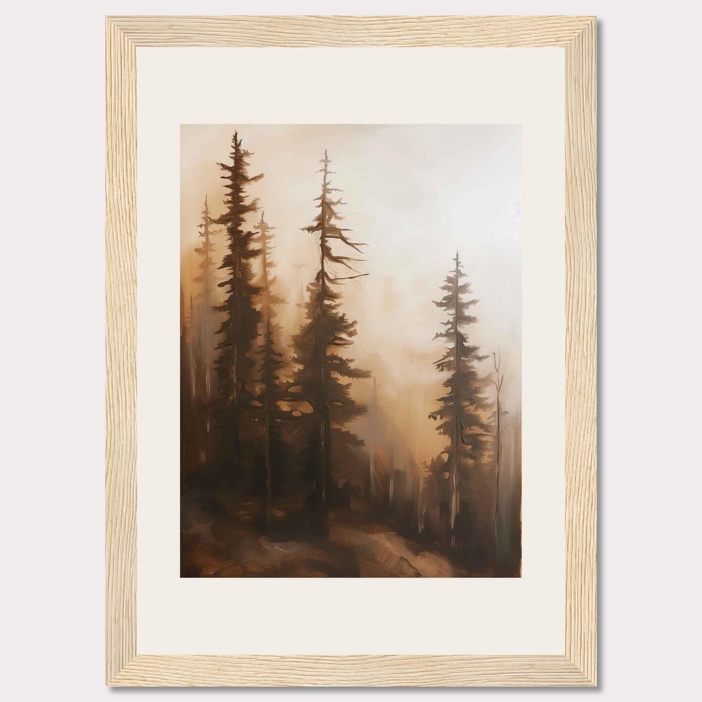 This captivating artwork features a serene forest scene enveloped in mist, evoking a sense of tranquility and mystery. The tall, slender trees stand majestically, their branches reaching out into the foggy atmosphere. The soft, warm hues create a calming ambiance, making it a perfect addition to any living space.