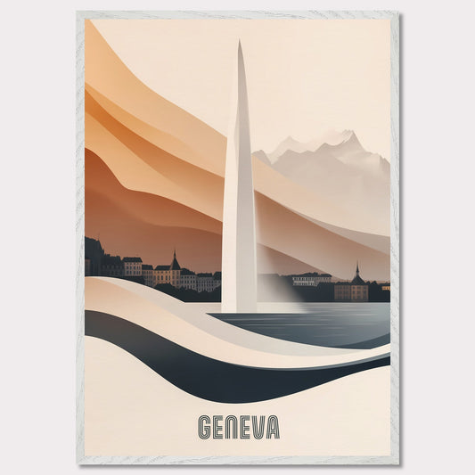 A modern and elegant poster of Geneva’s famous Jet d’Eau fountain, seamlessly blending into the landscape. Smooth curves and warm hues create a sense of fluidity and movement.