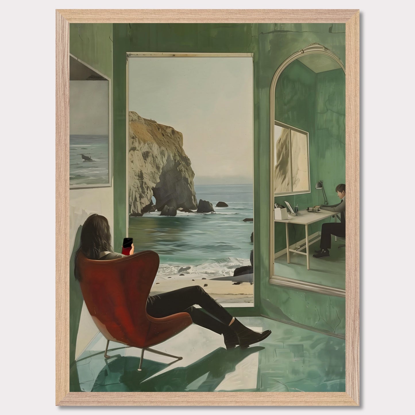 This captivating artwork depicts a serene coastal scene viewed from inside a room. A person is seated in a red chair, gazing out at the ocean through an open window. The reflection of another person working at a desk is visible in a large mirror on the right side. The room's green walls and floor create a calming ambiance, enhancing the peacefulness of the ocean view.