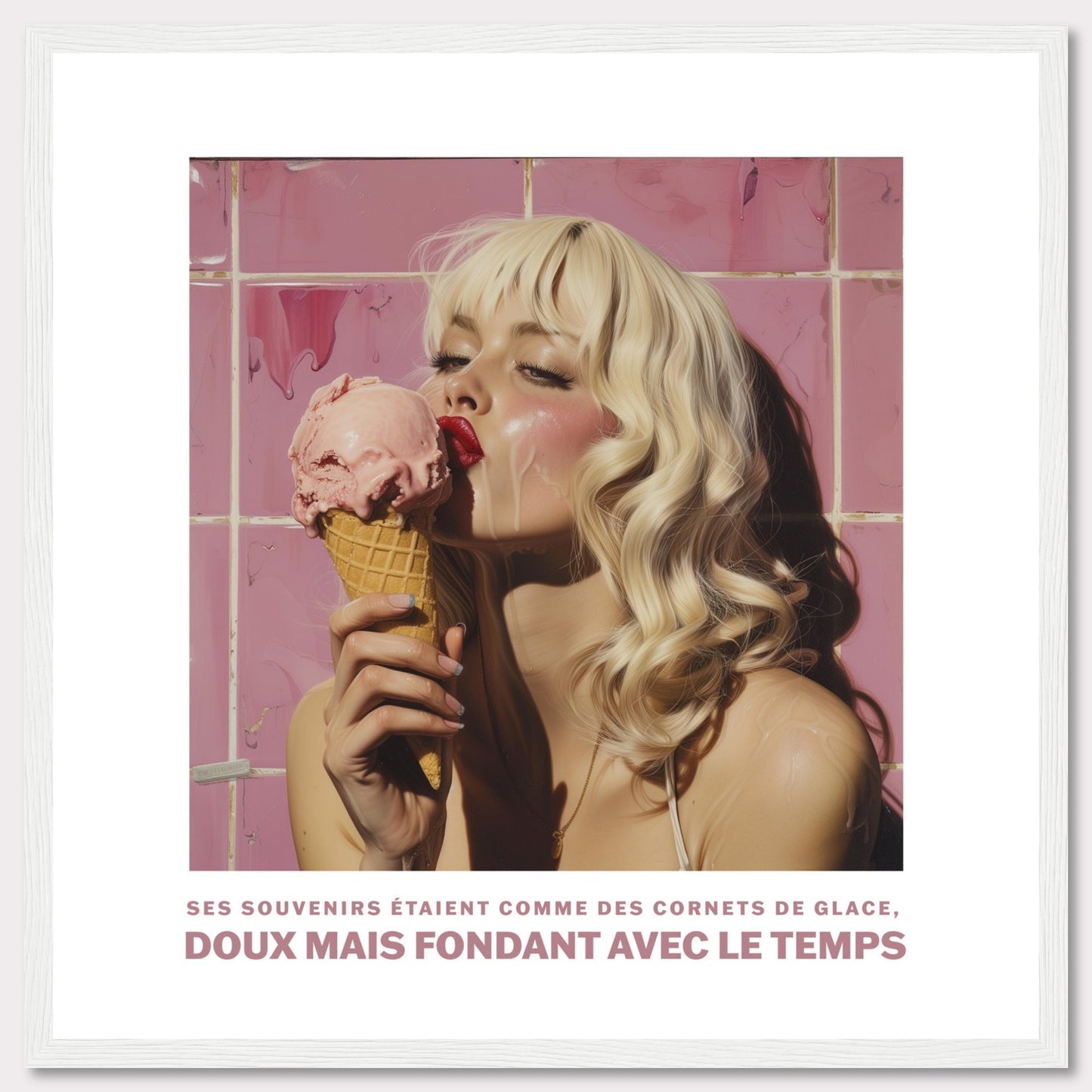 This image features a woman with blonde hair enjoying a pink ice cream cone against a backdrop of pink tiles. The text at the bottom reads: "Ses souvenirs étaient comme des cornets de glace, doux mais fondant avec le temps," which translates to "Her memories were like ice cream cones, sweet but melting with time."