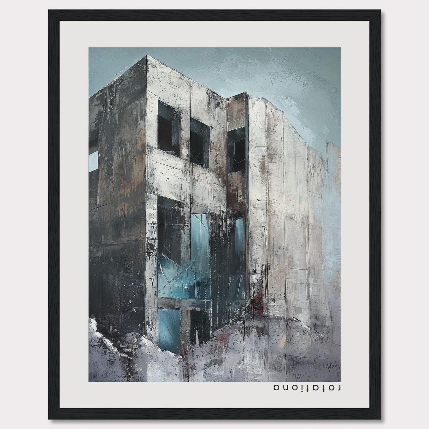 This striking artwork captures a modern, abstract building with a raw and industrial aesthetic. The painting features a weathered facade with large, dark windows, and a mix of cool and neutral tones that evoke a sense of mystery and intrigue.