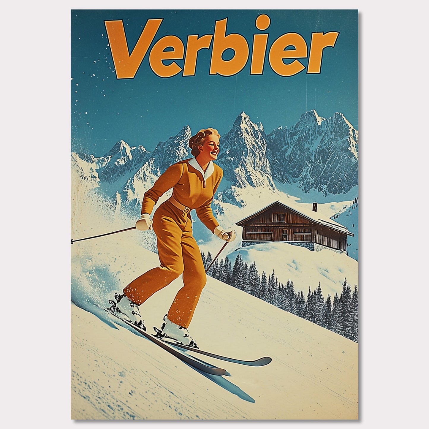 This vibrant retro poster features a cheerful skier dressed in a classic orange ski outfit, gliding down the pristine slopes of Verbier. Behind her, a picturesque alpine chalet sits amidst snow-covered peaks, with a bright blue sky completing the idyllic scene. The bold typography and clean lines enhance the nostalgic charm, inviting viewers to experience the joys of skiing in Verbier.