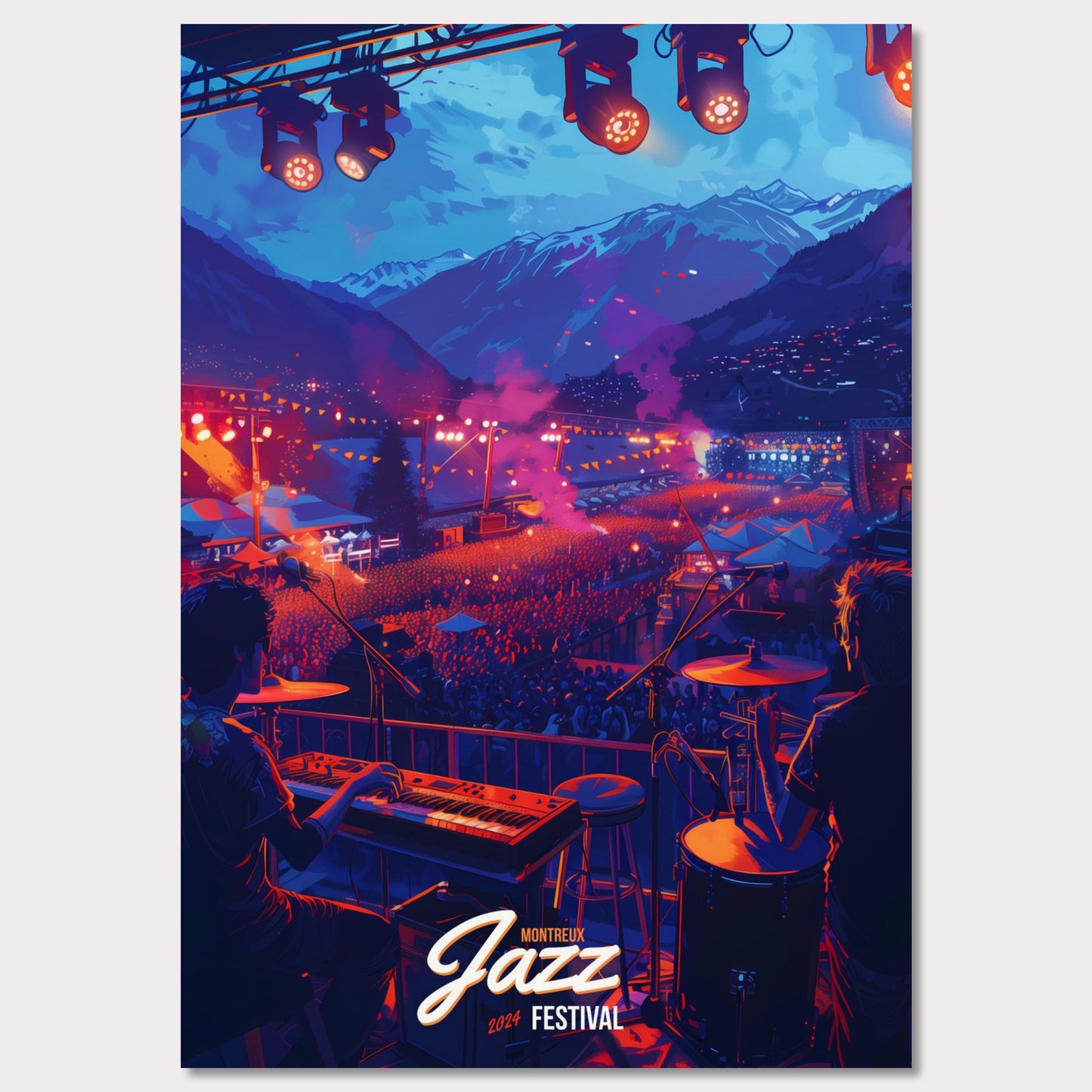 Experience the magic of the Montreux Jazz Festival 2024! This vibrant poster captures the essence of a live performance with a stunning mountain backdrop, colorful stage lights, and an enthusiastic crowd. Feel the rhythm, join the celebration, and be part of this unforgettable musical journey!