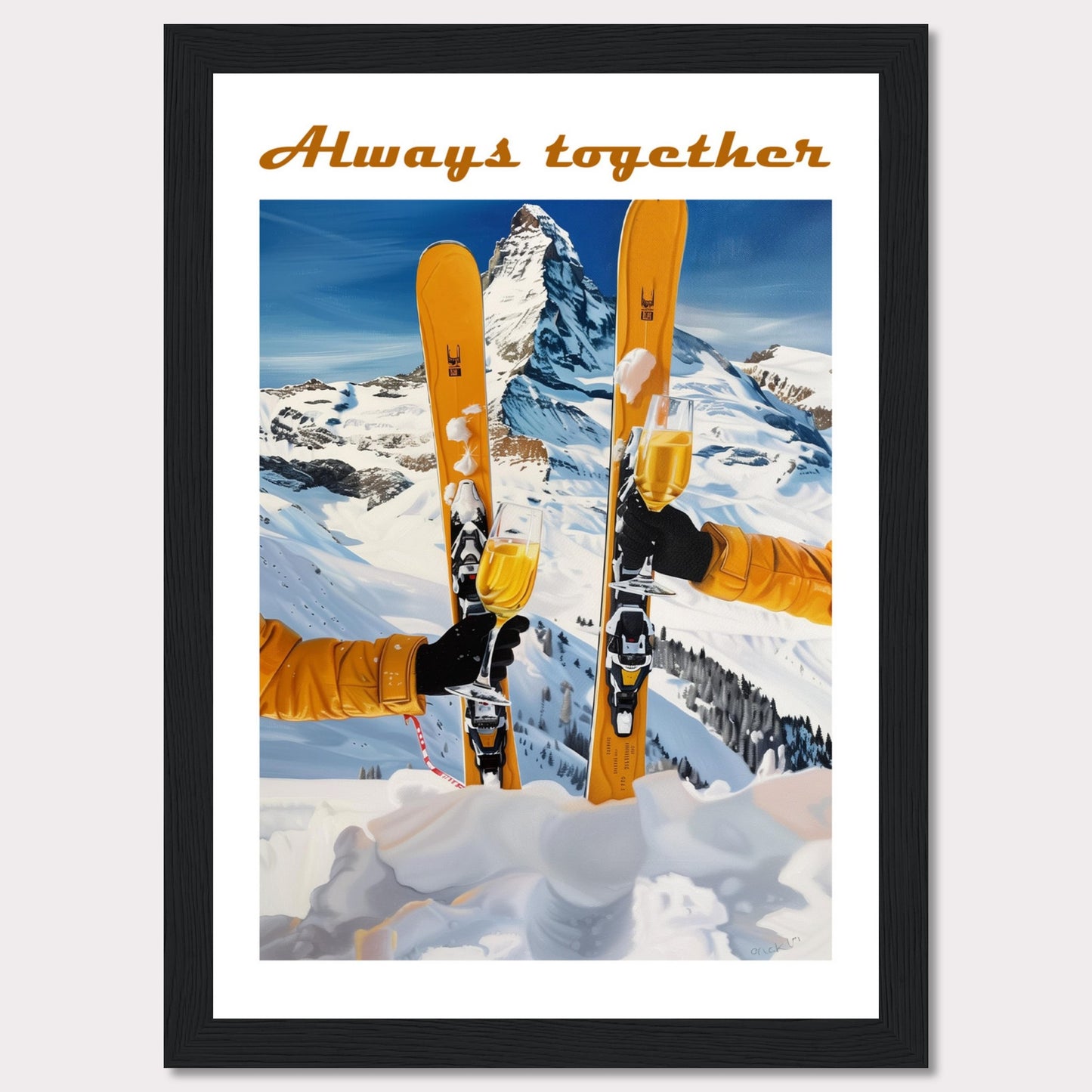 This image showcases a picturesque winter scene with two skiers celebrating on a snowy mountain. The central focus is on the skis and champagne glasses, symbolizing a joyous moment shared together.