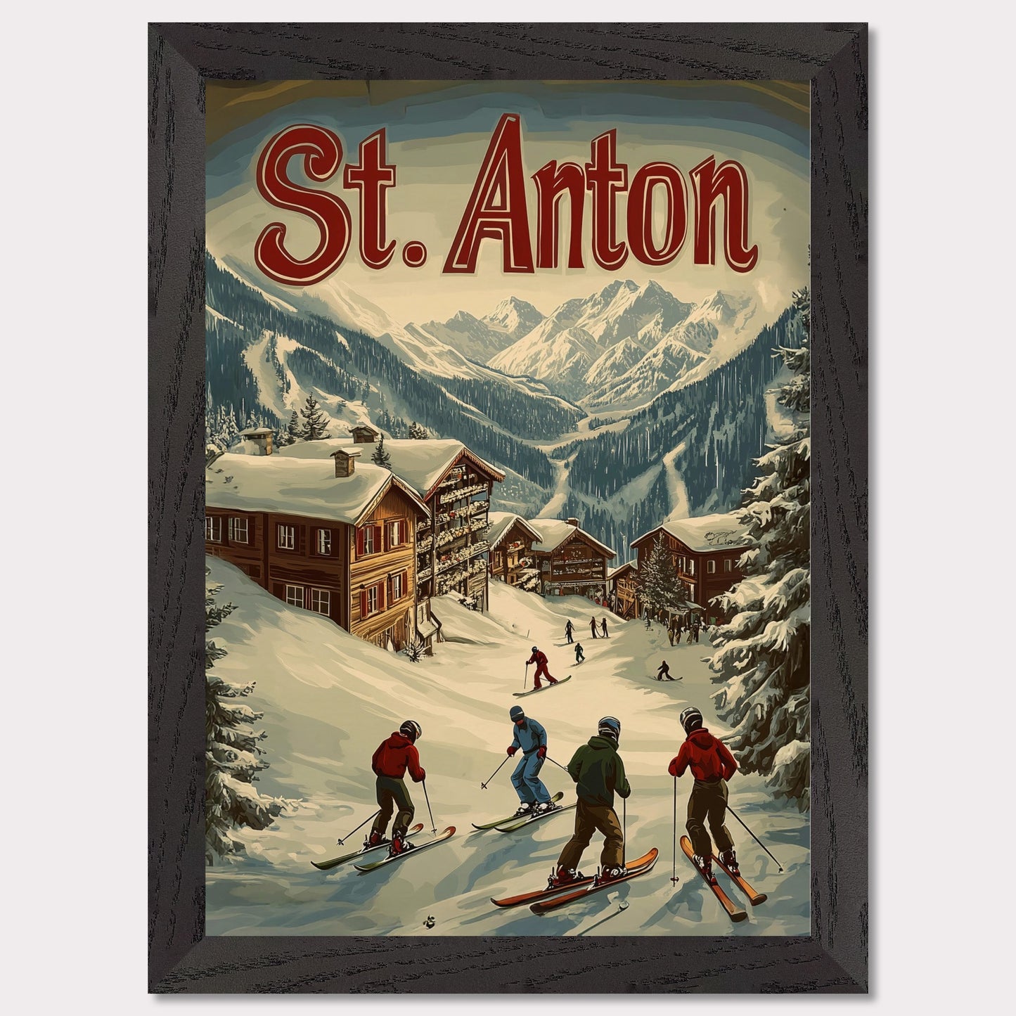 This stunning vintage-inspired poster depicts the idyllic town of St. Anton nestled beneath towering snow-capped peaks. The ski slopes are alive with activity, with skiers descending toward the charming wooden chalets. The warm hues in the sky add a sense of tranquility to the winter landscape, while the retro typography and art style transport the viewer to a time when winter holidays in the Alps were the height of elegance and adventure.