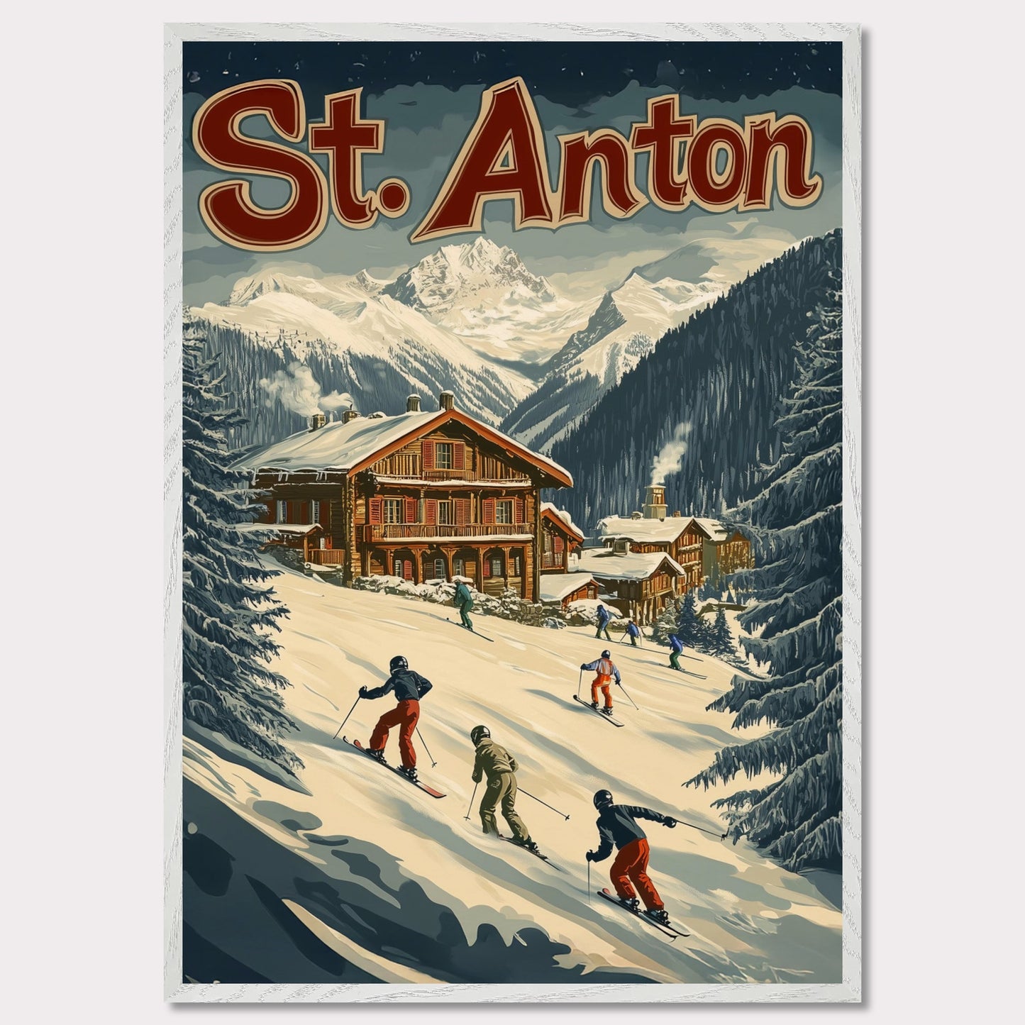 This minimalist yet striking poster captures the essence of St. Anton's alpine charm through its dynamic composition and vintage-inspired design. At the heart of the image is a group of skiers gracefully descending the snowy slopes, framed by towering evergreens and a cozy wooden chalet. The vibrant yet balanced color palette enhances the lively appeal, blending a sense of adventure and winter serenity.