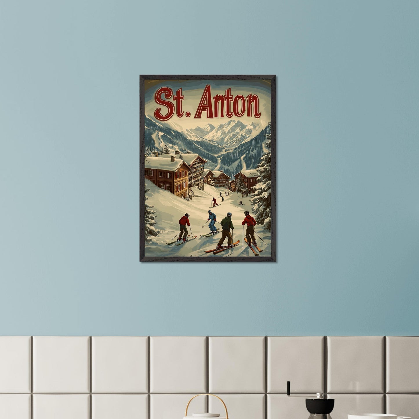 This stunning vintage-inspired poster depicts the idyllic town of St. Anton nestled beneath towering snow-capped peaks. The ski slopes are alive with activity, with skiers descending toward the charming wooden chalets. The warm hues in the sky add a sense of tranquility to the winter landscape, while the retro typography and art style transport the viewer to a time when winter holidays in the Alps were the height of elegance and adventure.