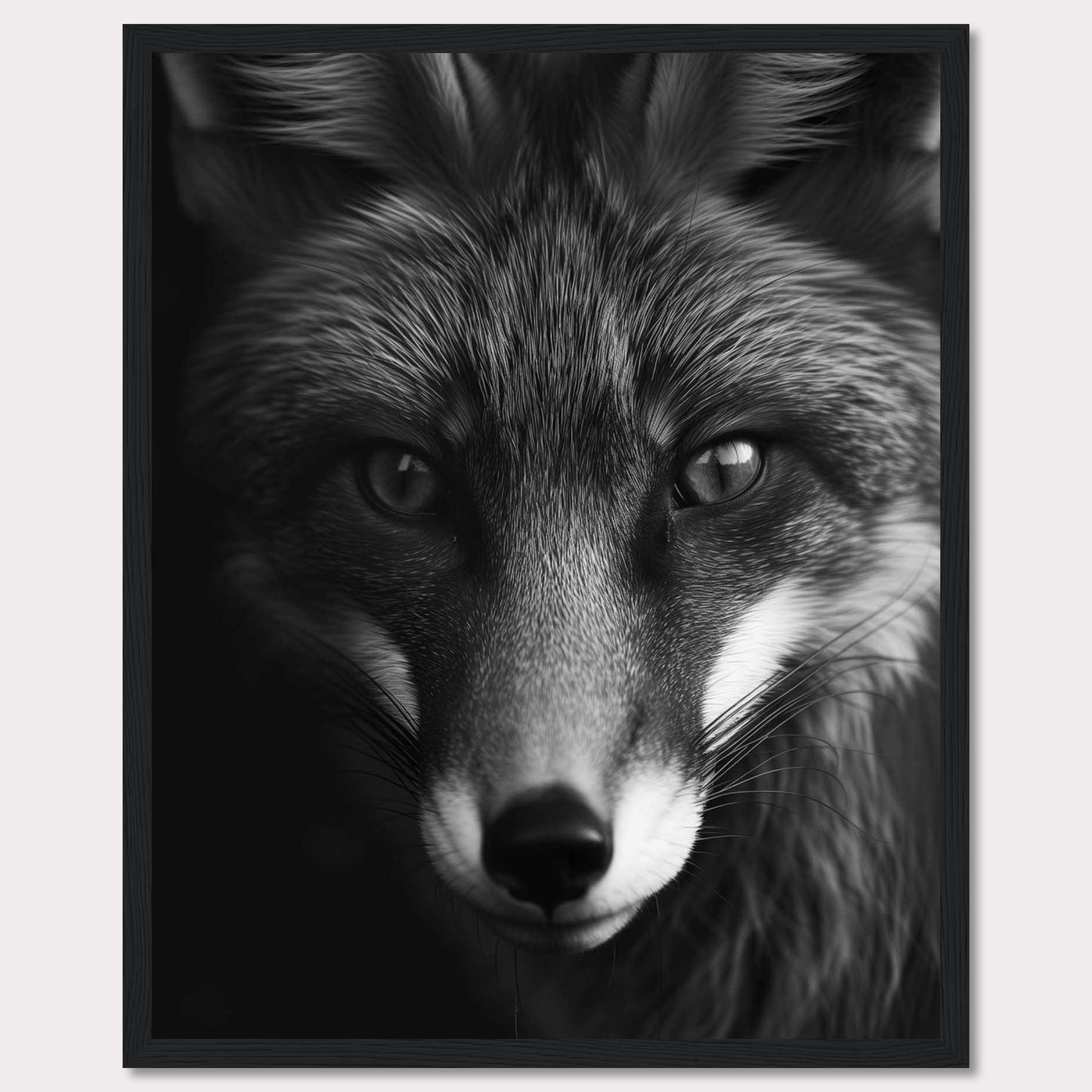 This striking black and white portrait captures the intense gaze of a fox, showcasing its majestic and enigmatic beauty. The detailed fur texture and sharp eyes draw you into the wild essence of this captivating creature.