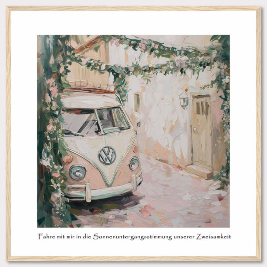 This charming painting depicts a vintage van parked in a quaint alleyway, surrounded by lush greenery and flowers. The soft pastel colors and impressionistic style create a dreamy, nostalgic atmosphere.