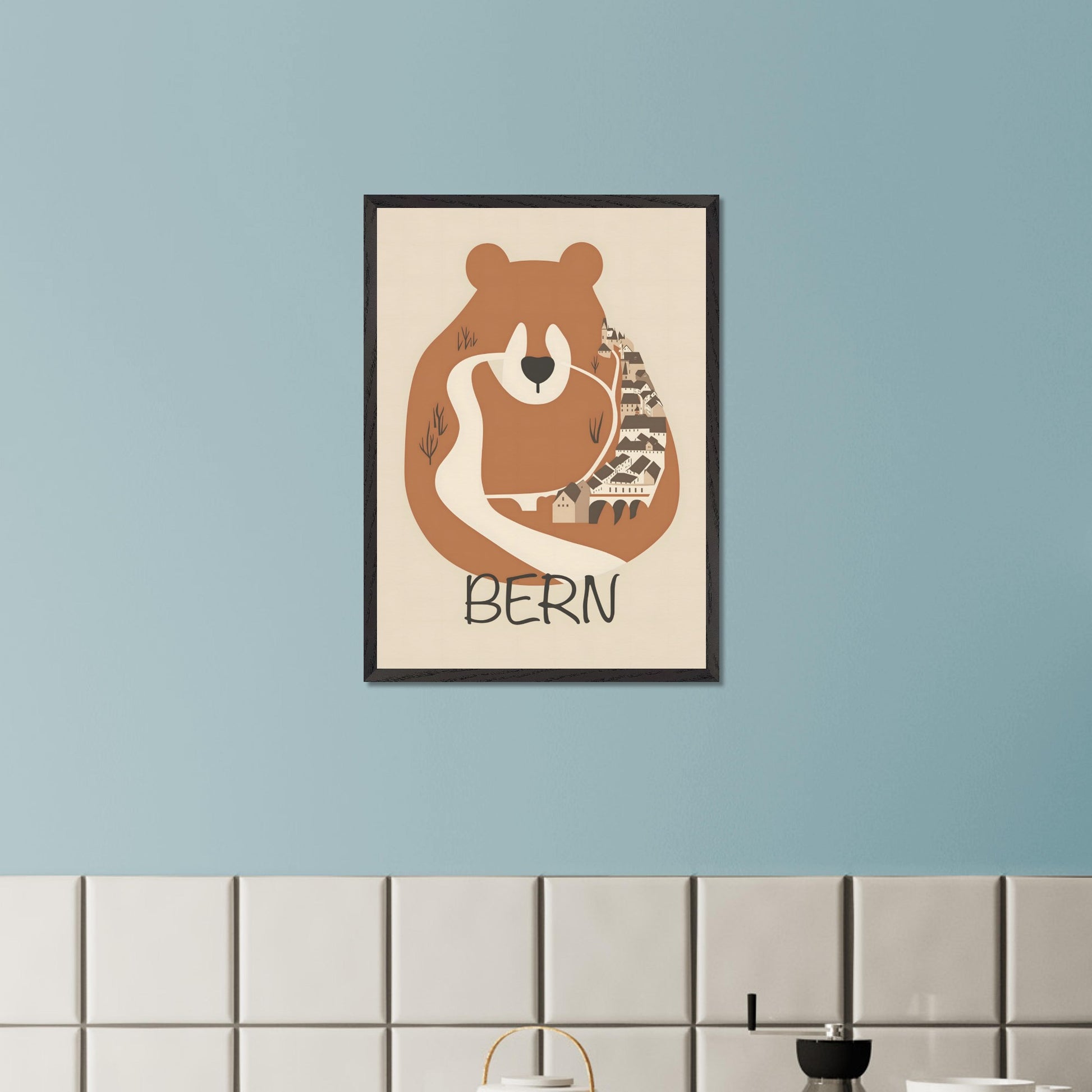 This charming poster features a stylized depiction of Bern, Switzerland, where the iconic bear—symbol of the city—seamlessly merges with the winding streets and historic architecture. The earthy tones and minimalist design evoke a sense of warmth and tradition, reflecting the city's rich history and natural surroundings.