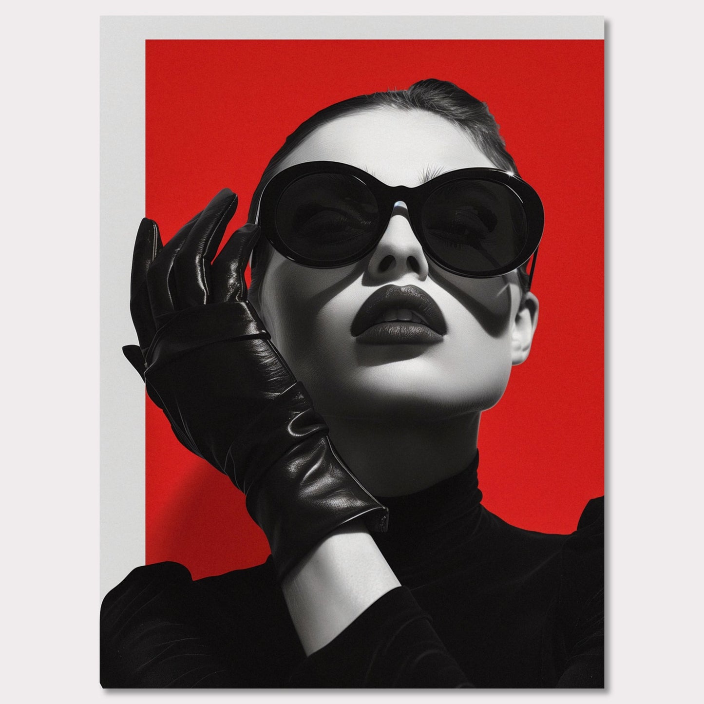 This striking black and white portrait features a stylish woman against a bold red background. Her look is accentuated by oversized sunglasses, dark lipstick, and sleek leather gloves, exuding an air of mystery and sophistication.