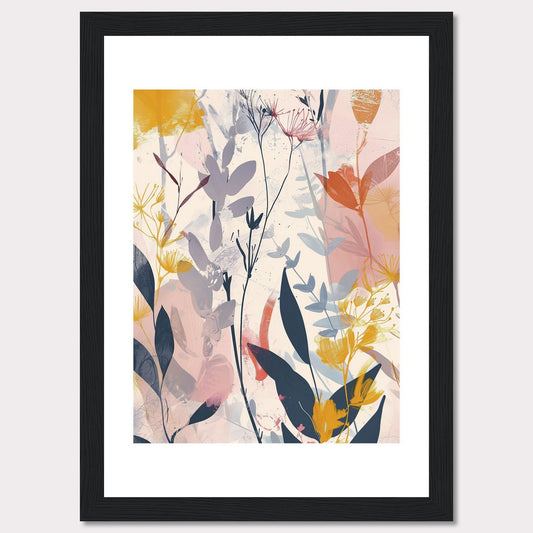 This image showcases a beautiful abstract botanical art print. It features a blend of soft and vibrant colors, depicting various plant forms and leaves.