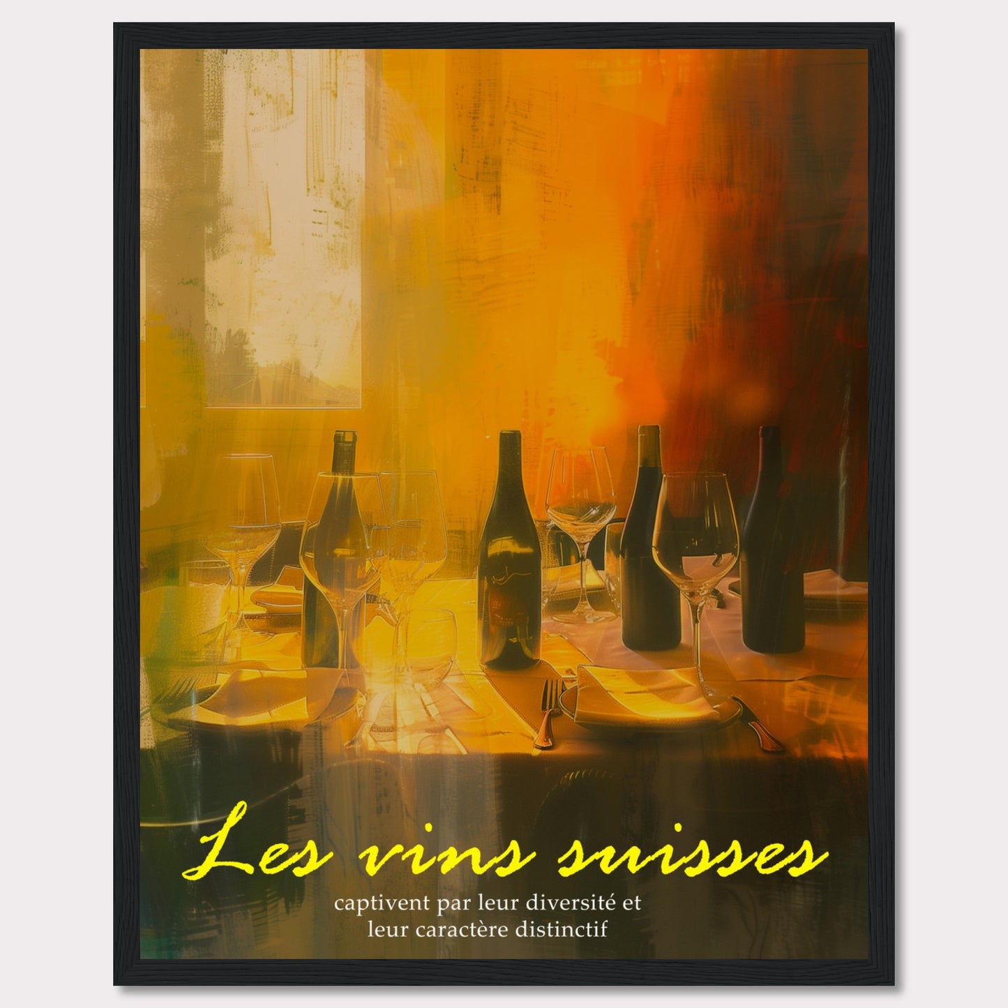 This image showcases a vibrant and inviting scene with Swiss wines elegantly displayed on a table. The warm, golden hues create a cozy and sophisticated atmosphere.