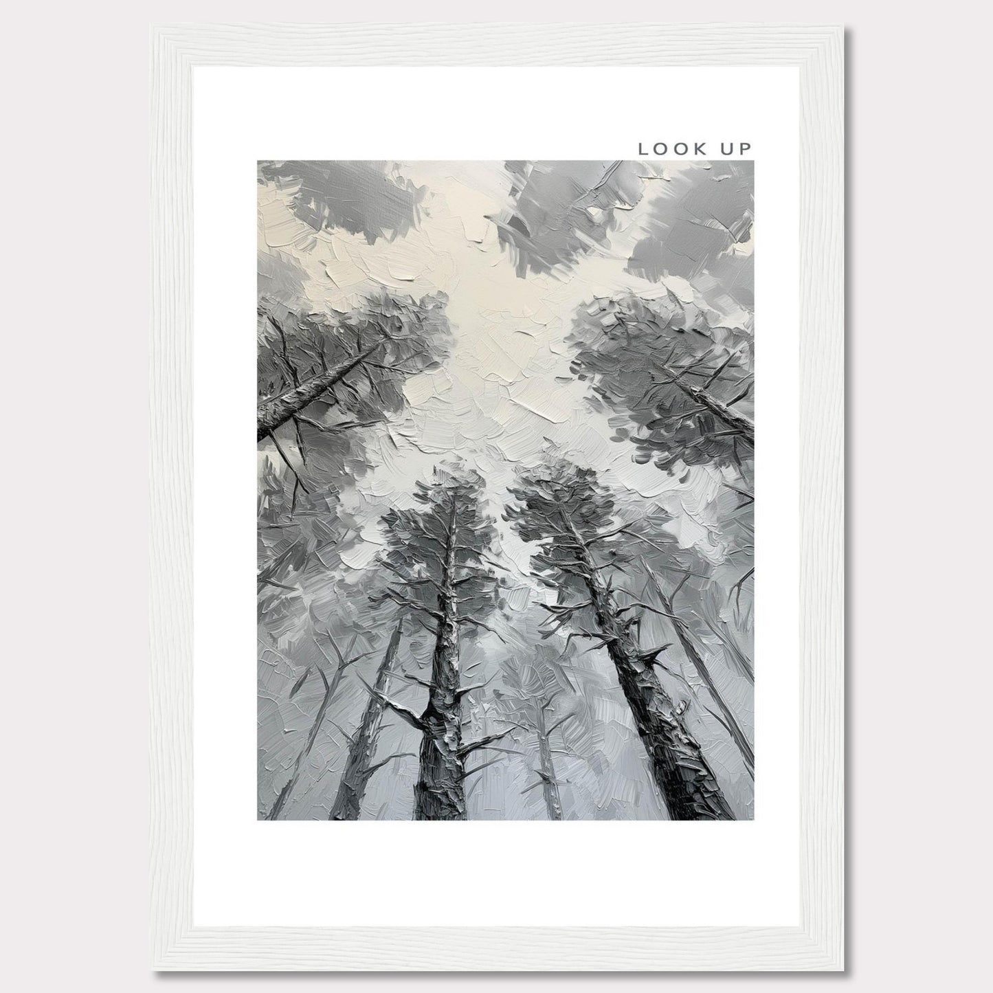 aThis image depicts an artistic rendering of tall trees viewed from the ground looking up, creating a sense of depth and wonder. The artwork is framed in black with the words "LOOK UP" at the top right corner.7c53dfd7-e4b9-45b0-8eb3-fe980dde32dd