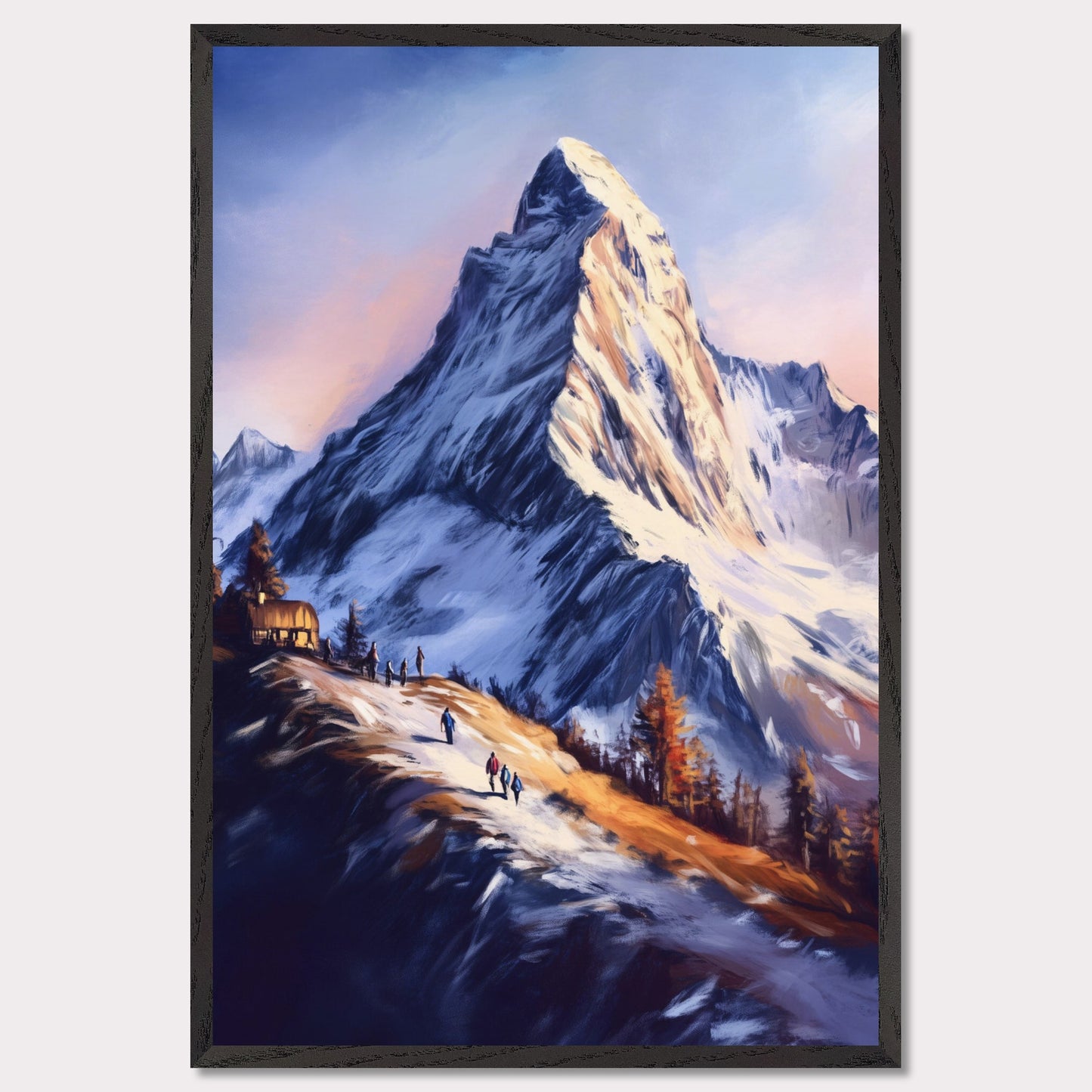 This atmospheric poster captures the awe-inspiring beauty of Zermatt, emphasizing the grandeur of the Matterhorn as it towers over a snow-dusted trail bathed in golden light. The soft, painterly style evokes a sense of tranquility and adventure, blending the rugged alpine landscape with the warmth of human activity.