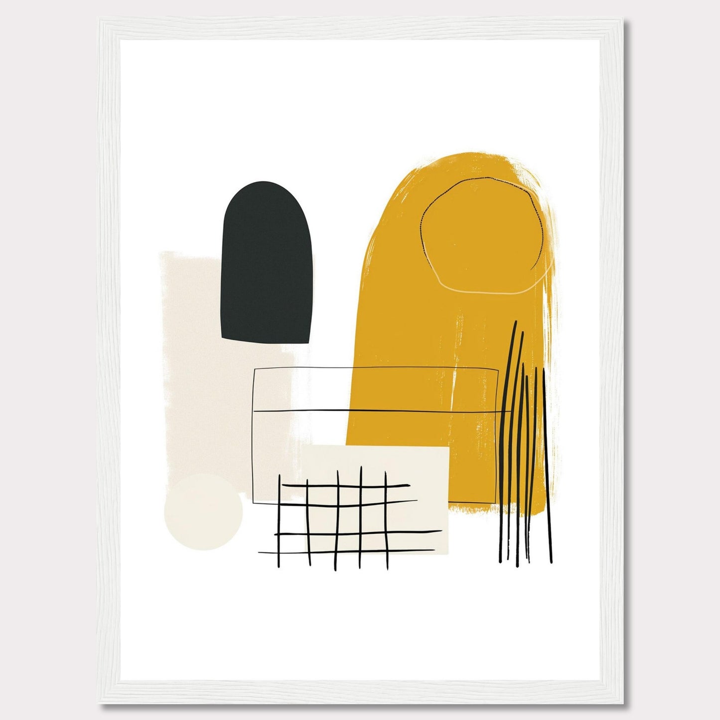 This image showcases a modern abstract art print featuring a combination of geometric shapes and lines in a minimalist style. The artwork includes a prominent mustard yellow shape, a black oval form, a beige rectangle, a grid pattern, and several vertical lines.