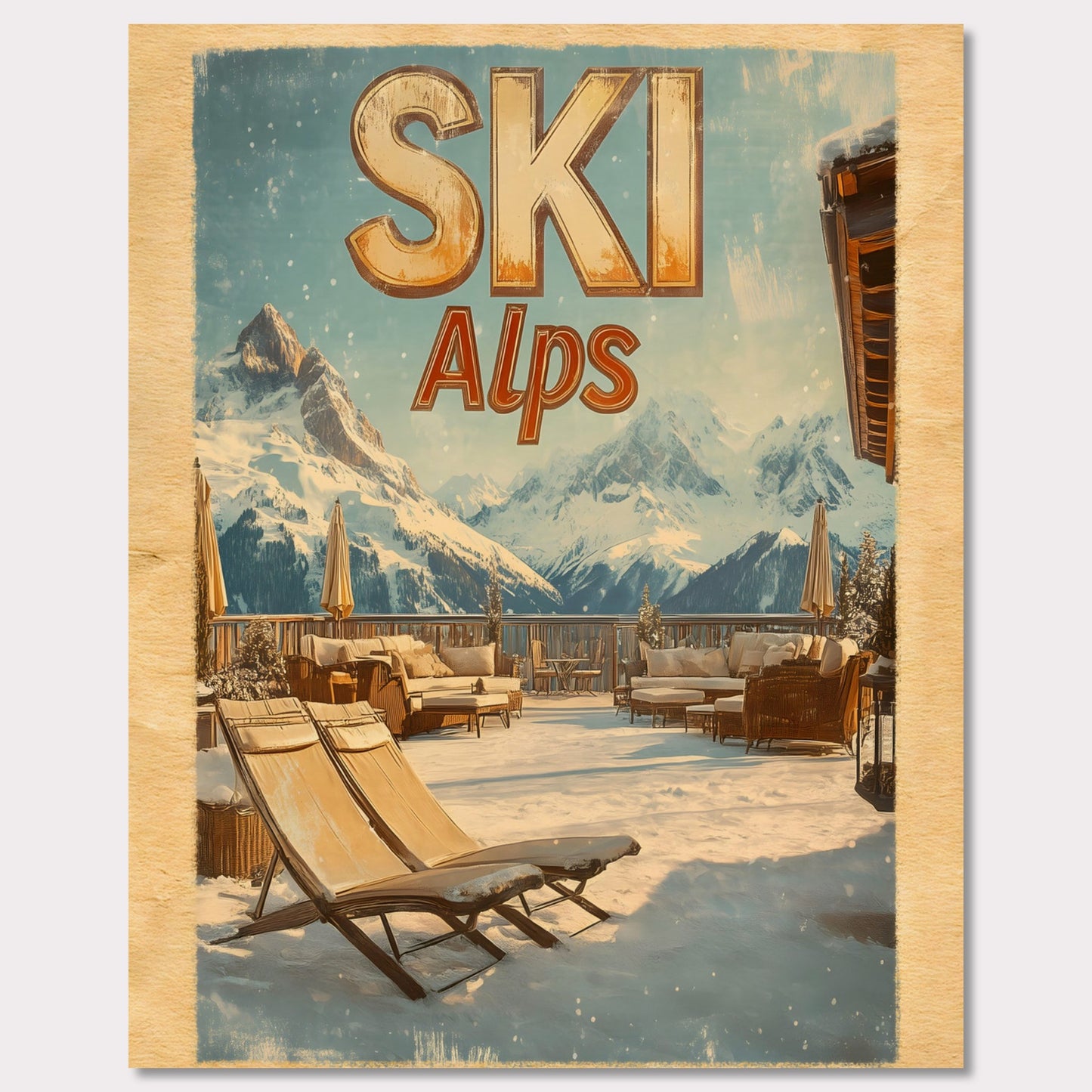 This captivating poster presents a luxurious alpine terrace overlooking majestic snowy peaks. The cozy lounge chairs, wooden railings, and soft golden light create an inviting winter escape. The serene atmosphere and breathtaking views evoke a sense of tranquility and connection to nature.