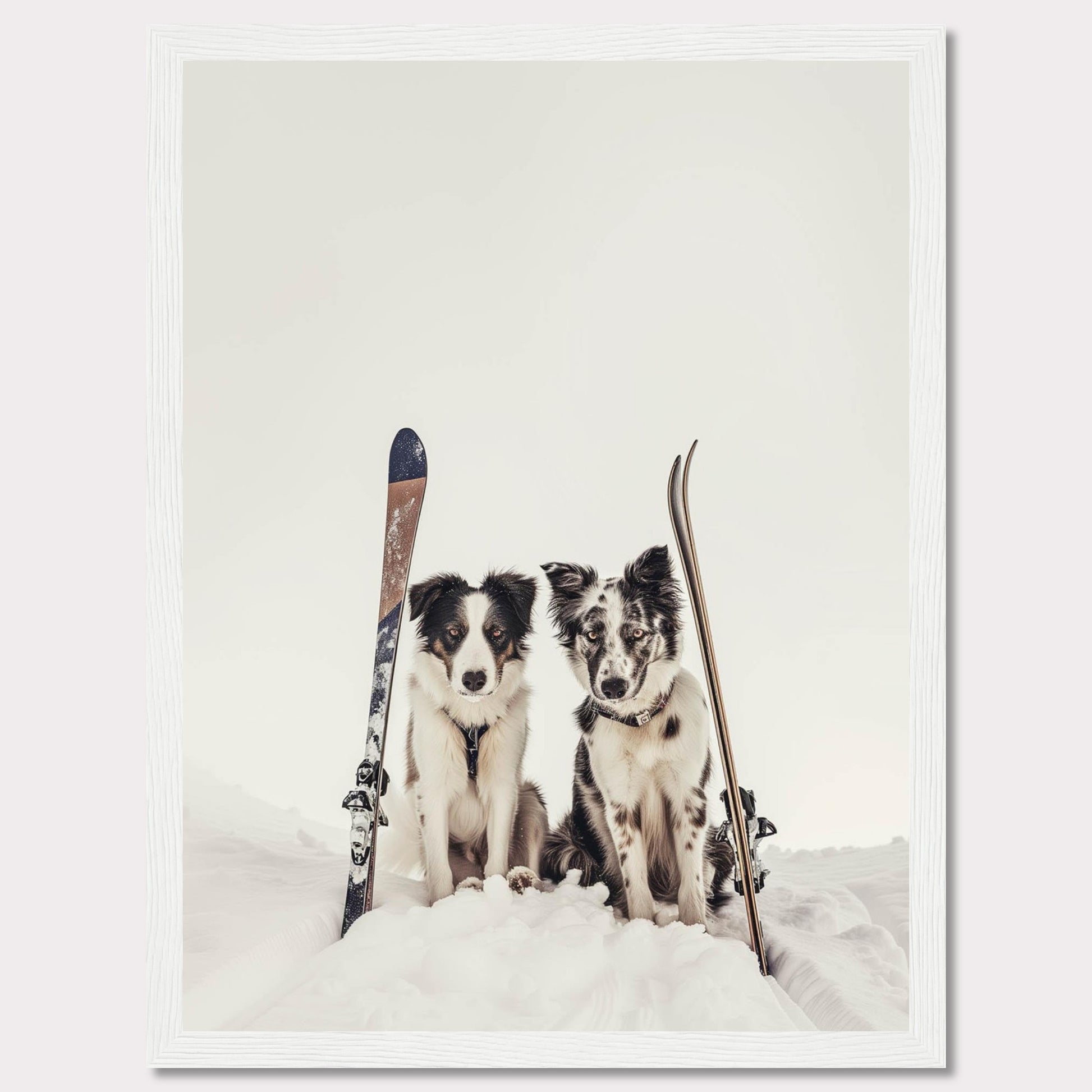 This charming photo captures two adorable dogs sitting in the snow with skis beside them, evoking a sense of adventure and playfulness. The scene is set against a serene snowy backdrop, highlighting the dogs and their playful expressions.