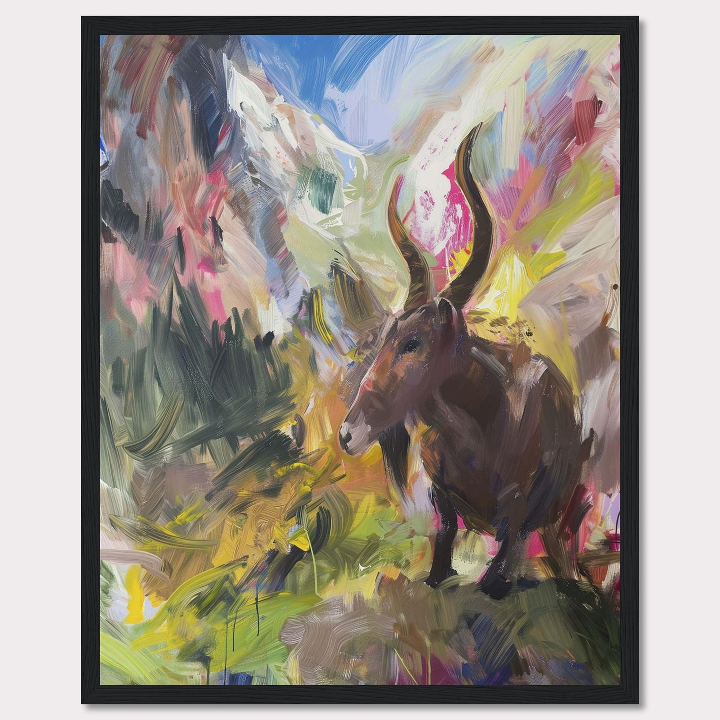 This vibrant painting captures a majestic animal with large horns standing amidst a colorful, abstract landscape. The background features dynamic brushstrokes of mountains, sky, and foliage, blending together in an explosion of colors.