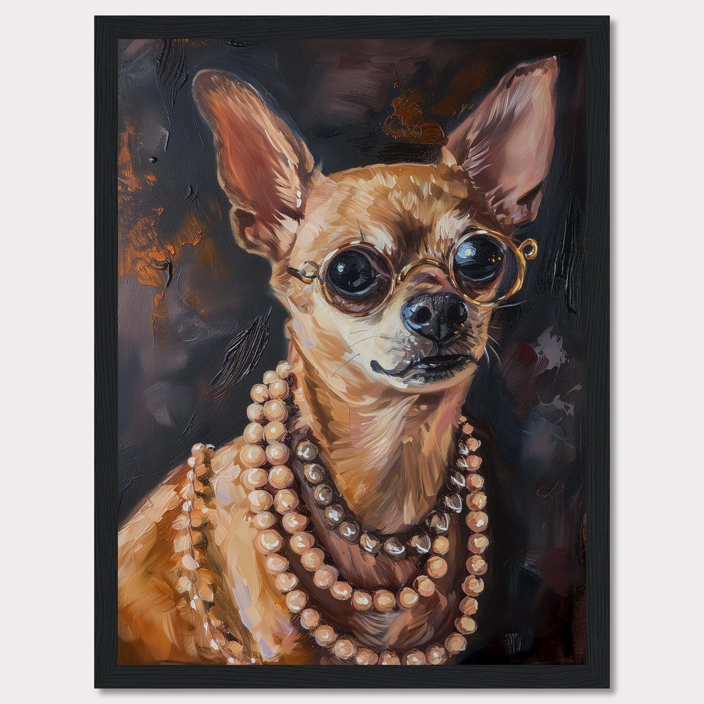 This captivating artwork features a stylish Chihuahua wearing round glasses and multiple strands of pearls. The painting exudes elegance and charm, making it a perfect statement piece for any room.