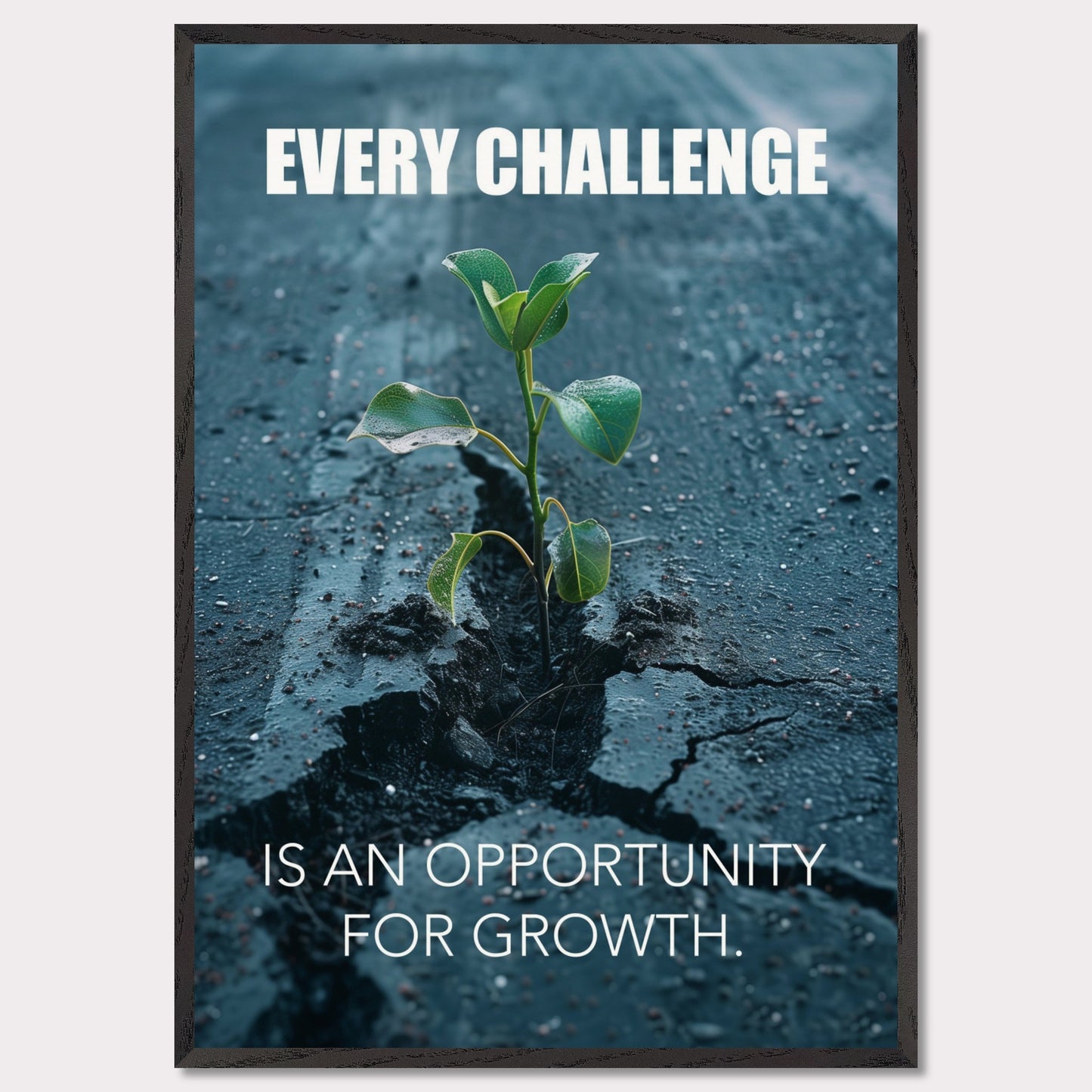 A motivational poster featuring a small green plant sprouting through a crack in the asphalt. The text on the poster reads "EVERY CHALLENGE IS AN OPPORTUNITY FOR GROWTH." The image symbolizes resilience and perseverance.