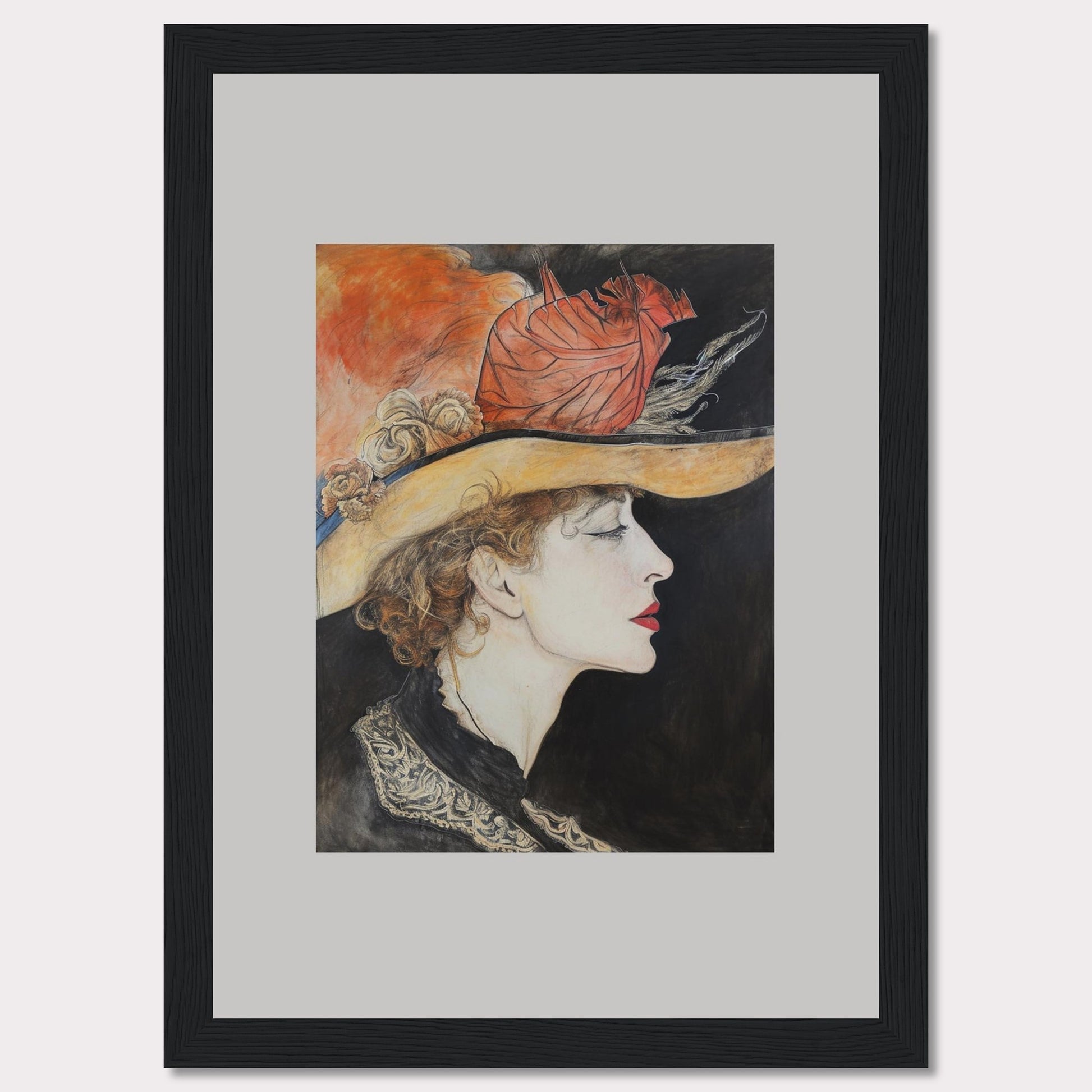 This captivating artwork features a side profile of a woman wearing an elegant hat adorned with feathers and flowers. The detailed illustration showcases her serene expression, accentuated by bold red lips and delicate curls framing her face. The background contrasts beautifully with the vibrant colors of the hat, adding depth to the portrait.