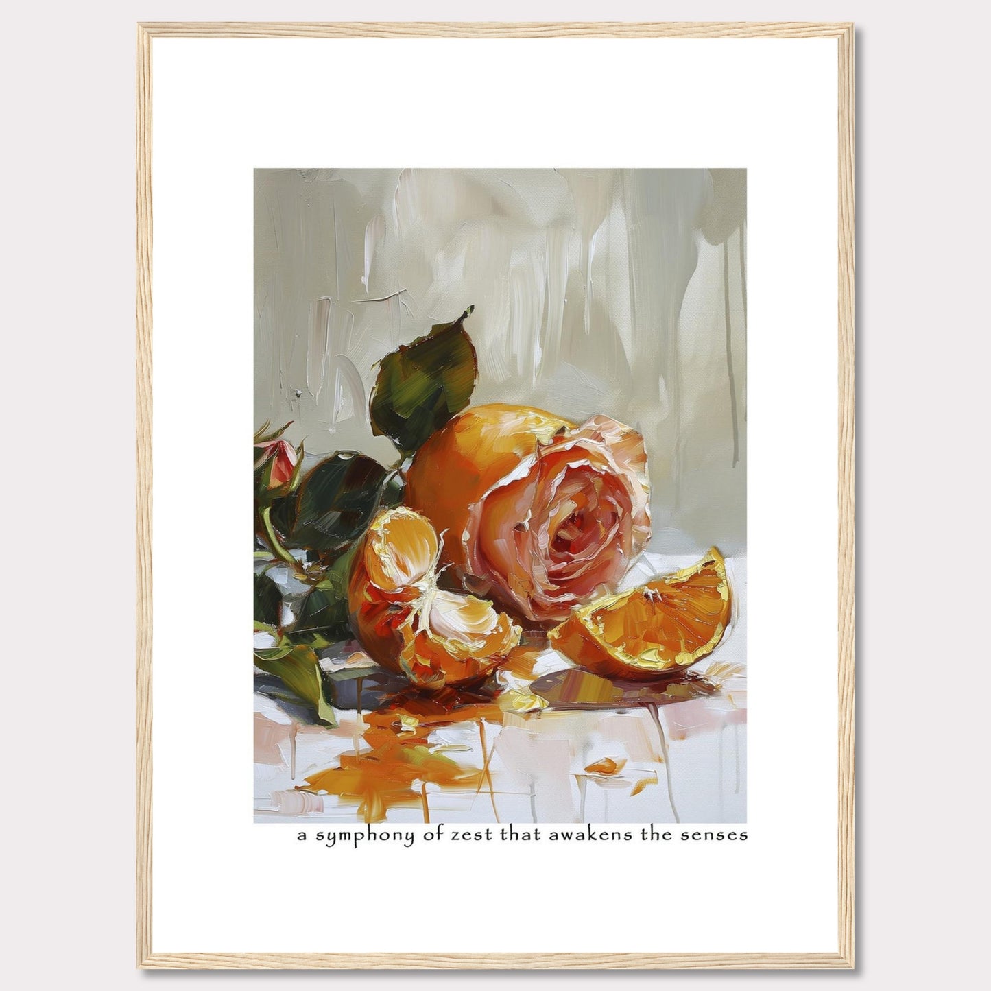 This captivating painting features a delicate rose intertwined with vibrant orange segments, creating a stunning contrast of colors and textures. The brushstrokes evoke a sense of freshness and vitality, making it a perfect piece to invigorate any space.