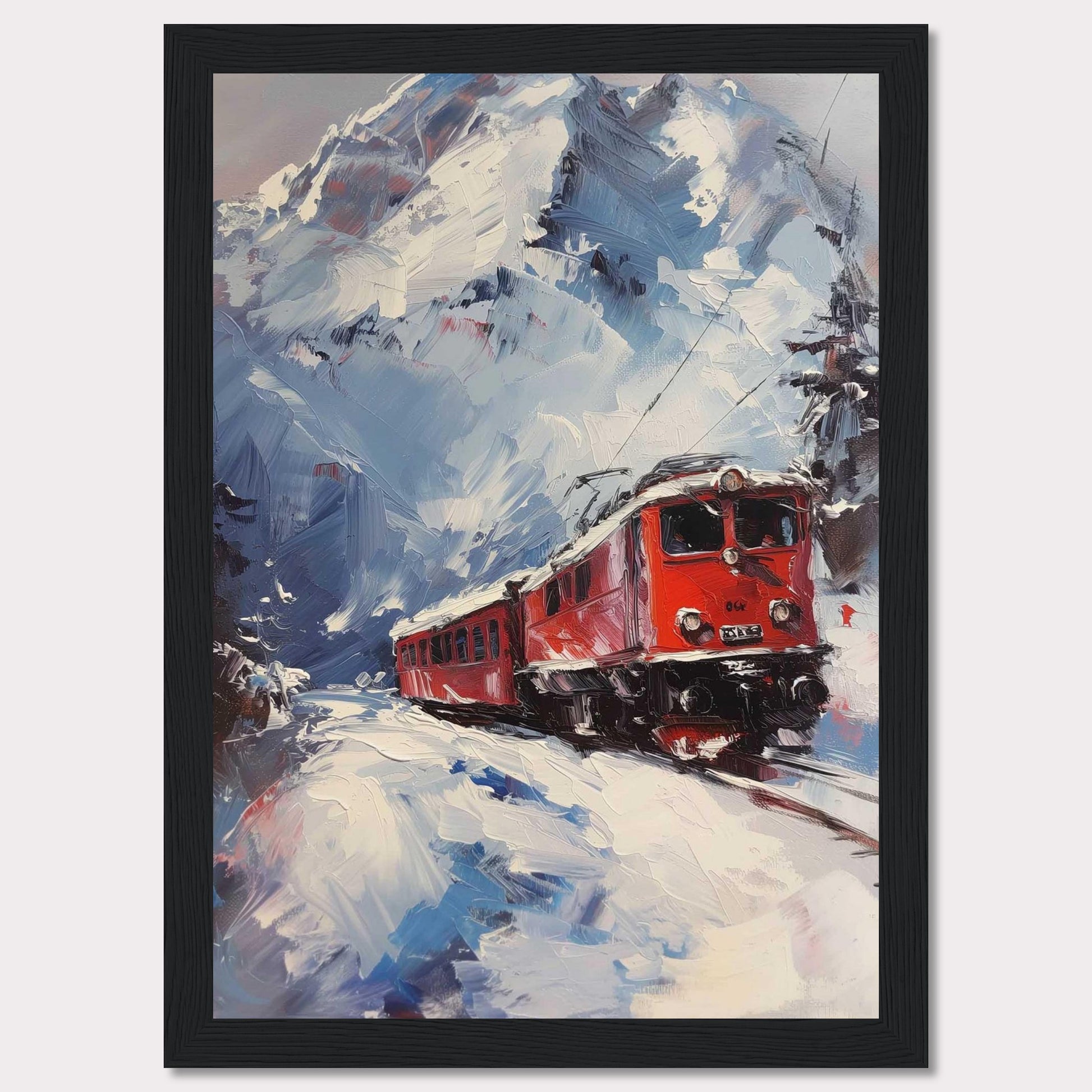 This stunning painting captures a vibrant red train journeying through a snowy mountain landscape. The dynamic brushstrokes convey the movement and energy of the scene, while the towering snow-covered peaks create a breathtaking backdrop.