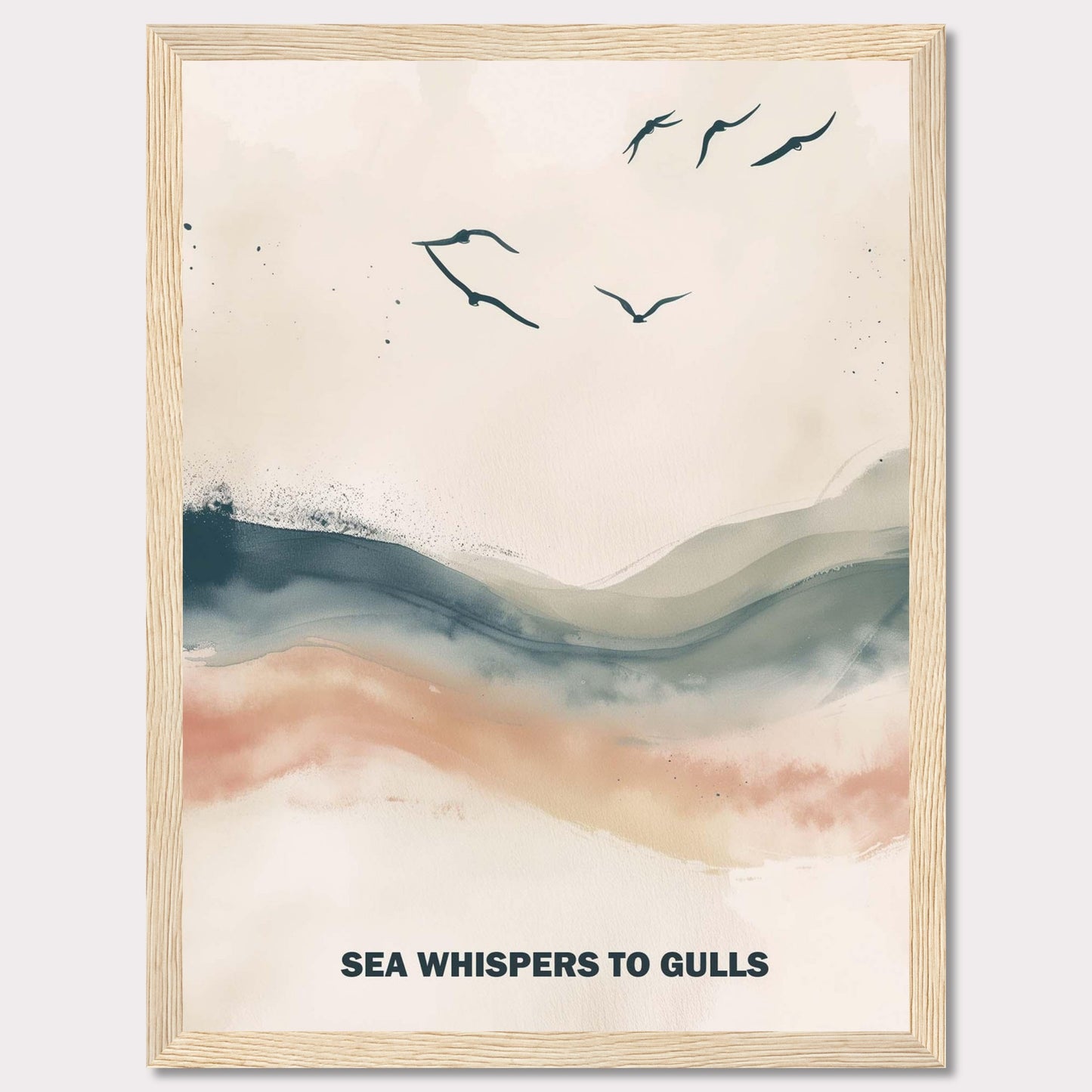 This serene artwork features a minimalist design with gentle waves and flying gulls. The soothing colors create a tranquil atmosphere, perfect for any space needing a touch of calm. The text "SEA WHISPERS TO GULLS" adds a poetic element to the piece.