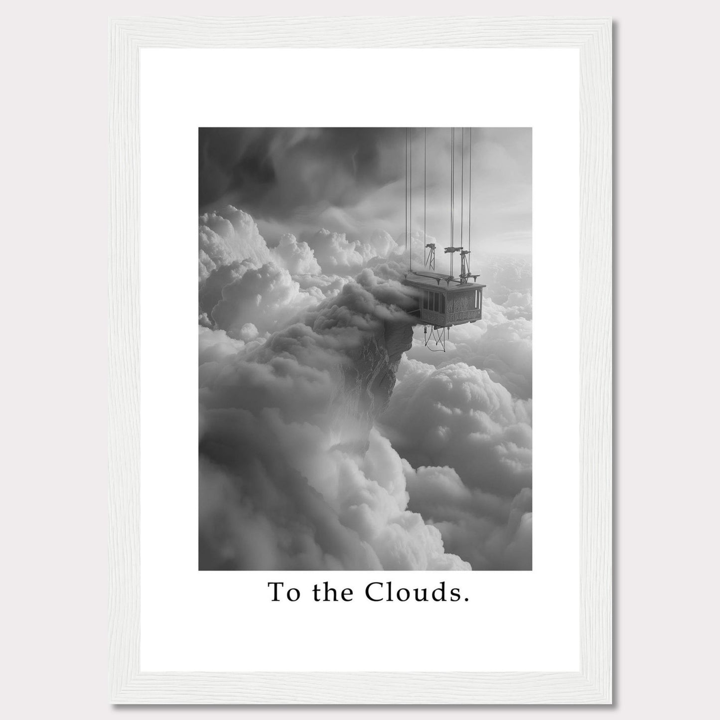 This captivating black and white artwork features a surreal scene of a house suspended high above the clouds, connected by cables. The image evokes a sense of wonder and adventure.