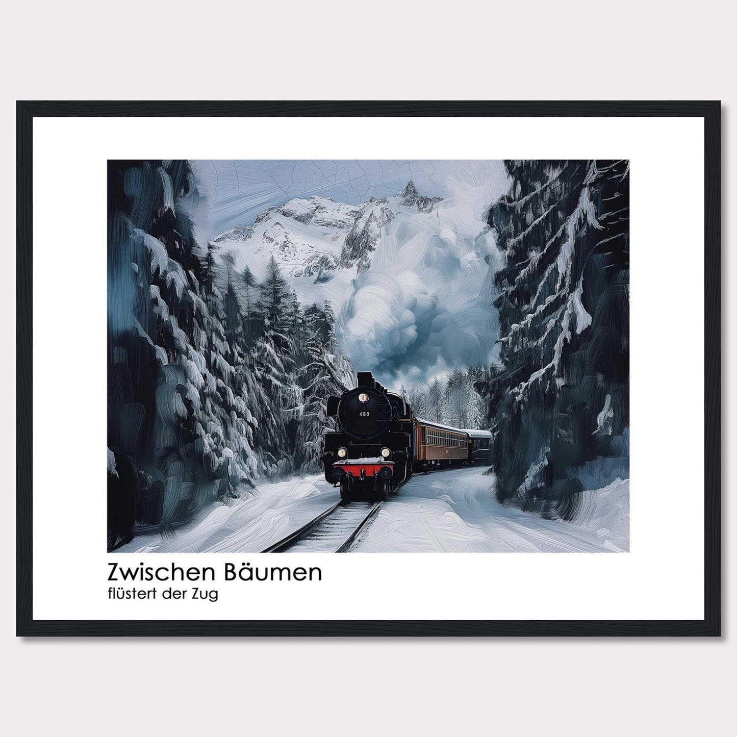 This captivating image depicts a steam train chugging through a snowy forest, with towering pine trees on either side and majestic snow-covered mountains in the background. The scene is serene and picturesque, capturing the essence of winter wonderland.