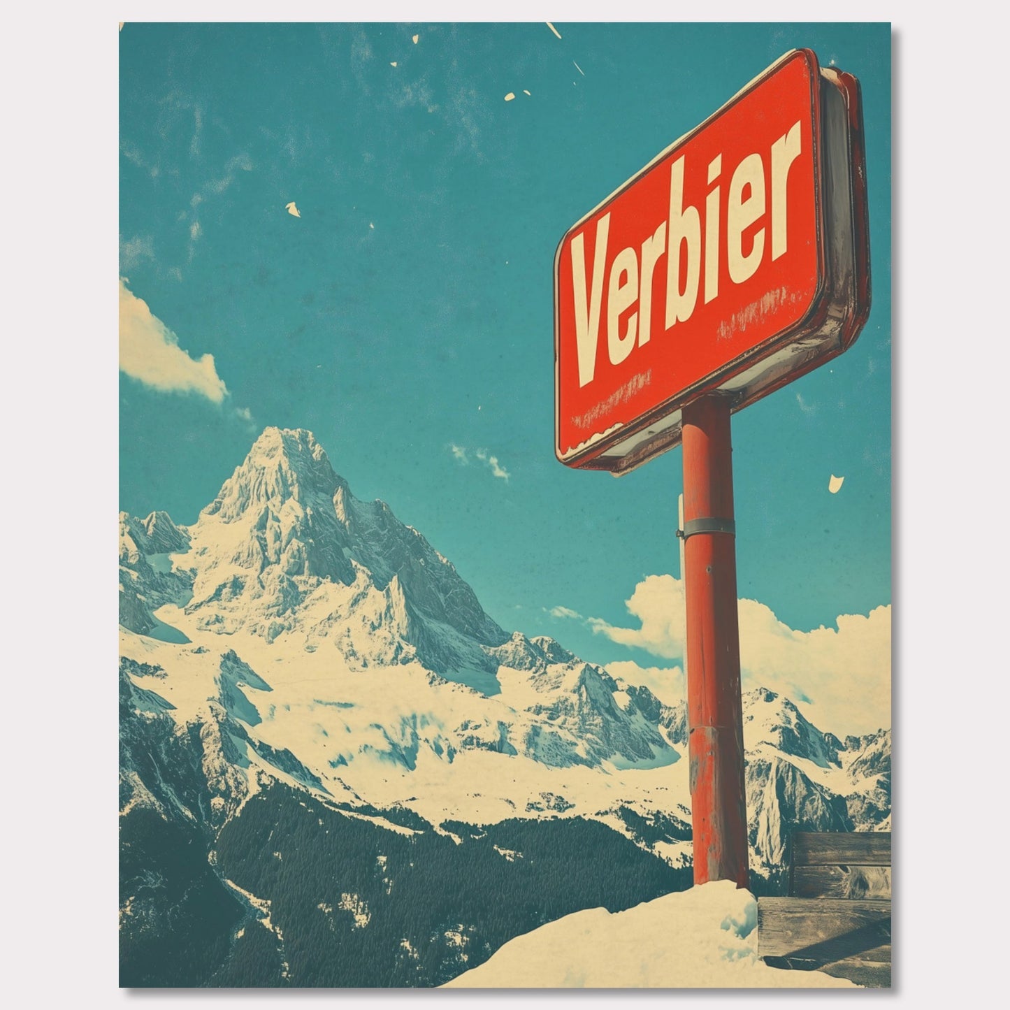 This striking retro-style poster showcases the iconic "Verbier" sign against the backdrop of towering snow-covered peaks and a bright blue sky. The rustic sign, partially worn by time, perfectly complements the expansive, untouched wilderness of the Swiss Alps. The vintage color palette and texture evoke a sense of nostalgia, capturing the allure of Verbier as a timeless destination for adventure and escape into nature’s beauty.