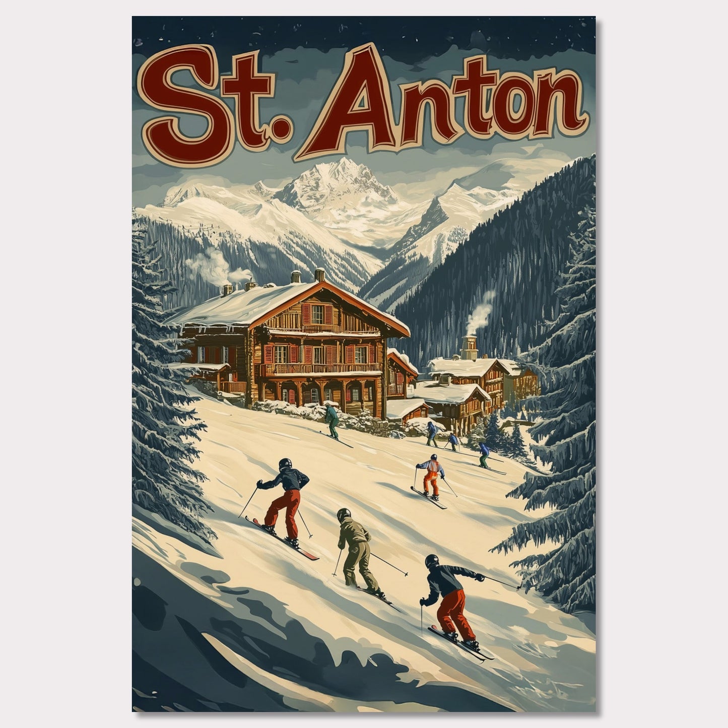 This minimalist yet striking poster captures the essence of St. Anton's alpine charm through its dynamic composition and vintage-inspired design. At the heart of the image is a group of skiers gracefully descending the snowy slopes, framed by towering evergreens and a cozy wooden chalet. The vibrant yet balanced color palette enhances the lively appeal, blending a sense of adventure and winter serenity.