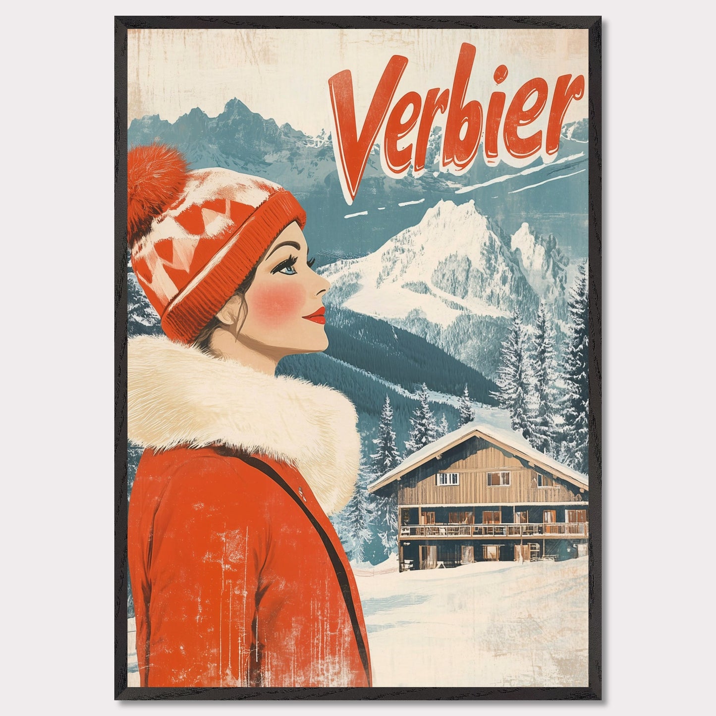 This elegant retro-style poster features a woman in a stylish red winter coat and pom-pom hat, looking towards the majestic Verbier mountains. The soft pastel tones and crisp white snow provide a serene backdrop, while the vintage design and typography evoke a sense of sophistication and timeless charm. The poster conveys the allure of Verbier as both an adventure and a refined escape into nature’s beauty.