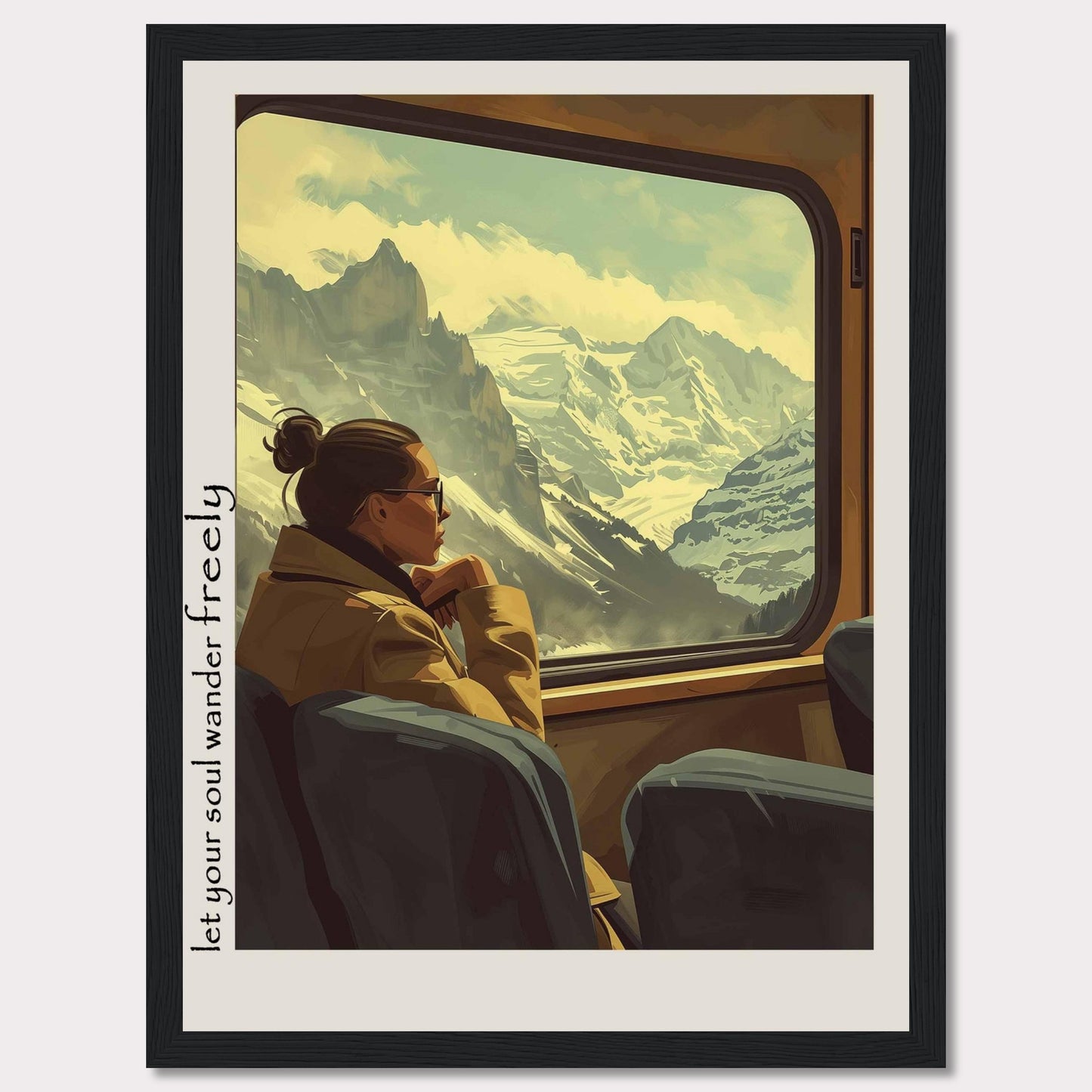 This image depicts a serene moment of a woman gazing out of a train window at a breathtaking mountain landscape. The scene is framed with the text "Let your soul wander freely" on the left side.