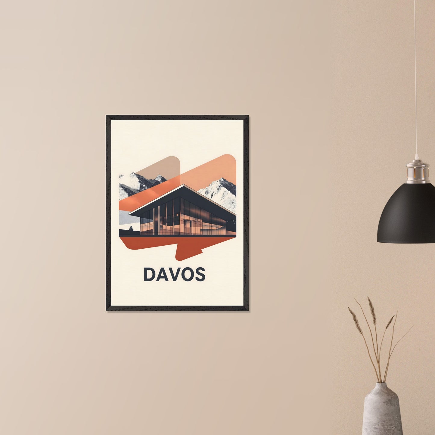 A sleek, modern representation of Davos, featuring a glass-fronted building set against towering alpine mountains. The minimalist color palette and subtle lighting effects give the scene a futuristic yet inviting feel.