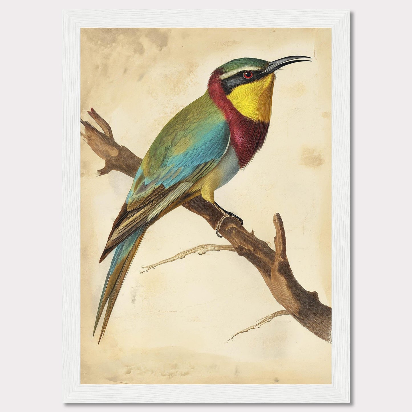 This captivating artwork features a vibrant bird perched on a branch, showcasing its colorful plumage. The background is a soft, muted beige that highlights the bird's bright hues. The bird's feathers display a stunning array of colors, including green, blue, yellow, and red. The piece is framed in a simple black frame that complements the artwork without detracting from it.