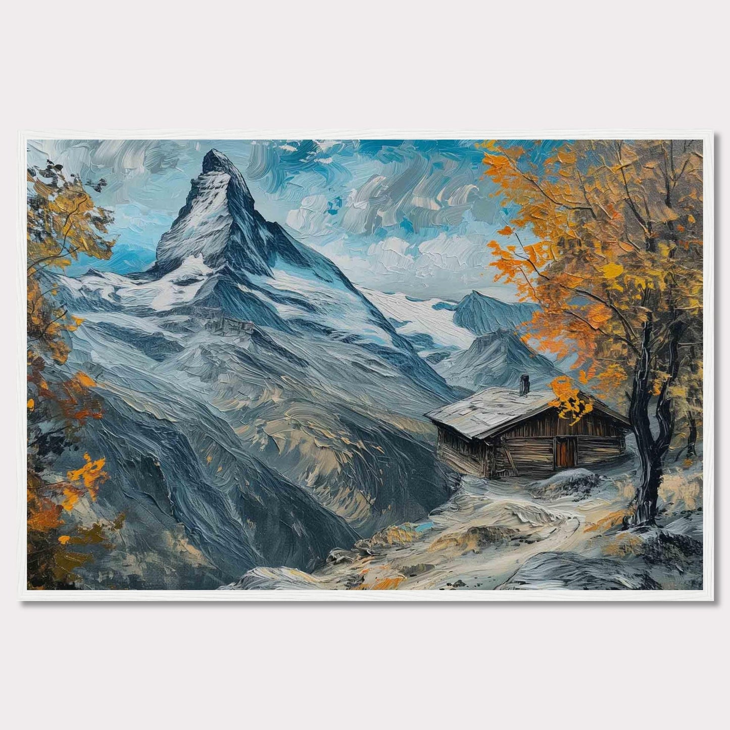 This stunning painting captures a serene mountain landscape with a quaint cabin nestled among the snow-covered peaks. The vibrant autumn foliage adds a splash of color against the majestic backdrop of towering mountains and a clear blue sky.