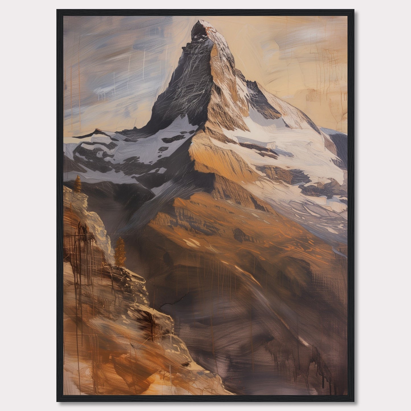 This stunning artwork captures the majestic beauty of a towering mountain peak bathed in warm, golden light. The painting showcases the rugged textures and dramatic contrasts of the rocky terrain, with snow-capped sections adding to its grandeur.