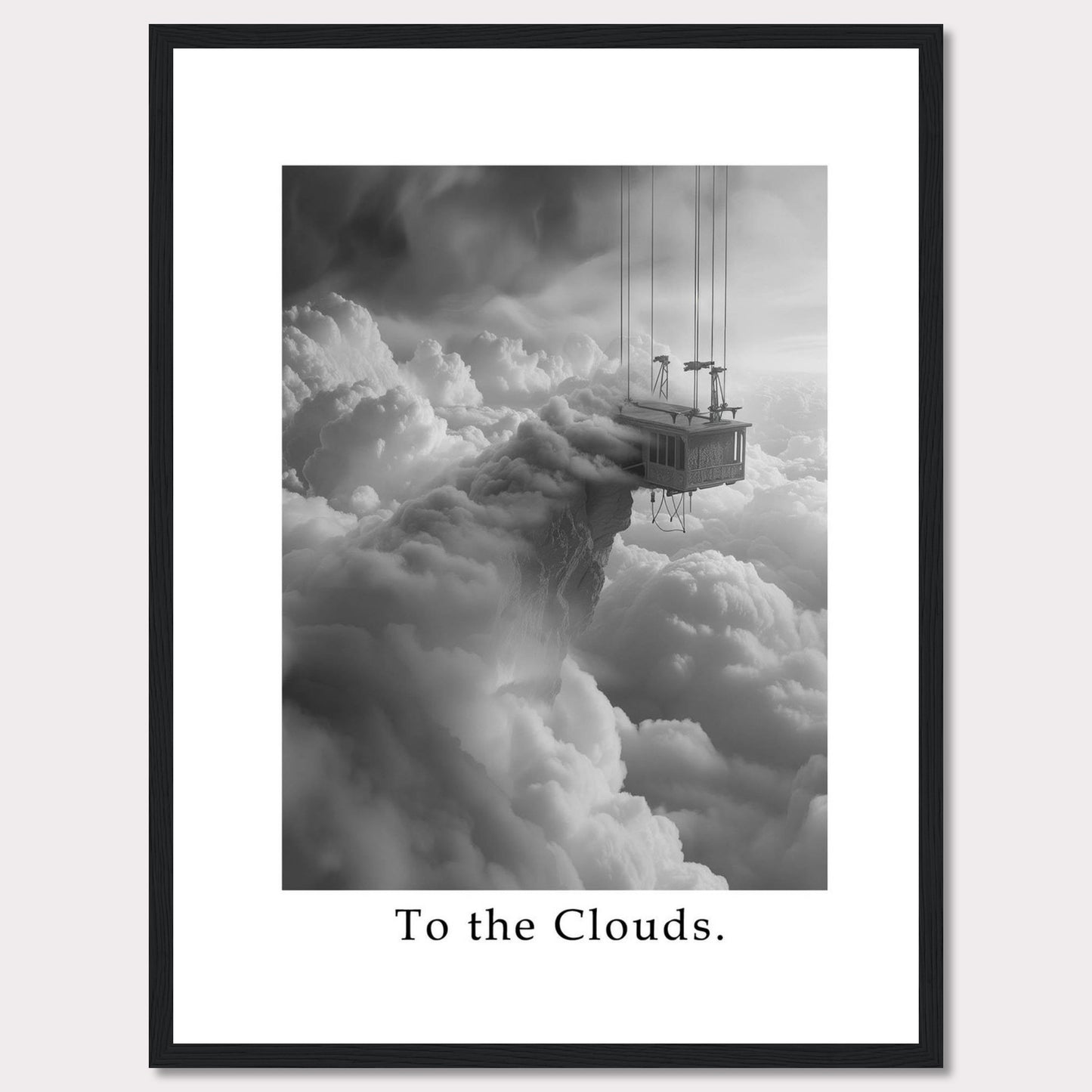 This captivating black and white artwork features a surreal scene of a house suspended high above the clouds, connected by cables. The image evokes a sense of wonder and adventure.