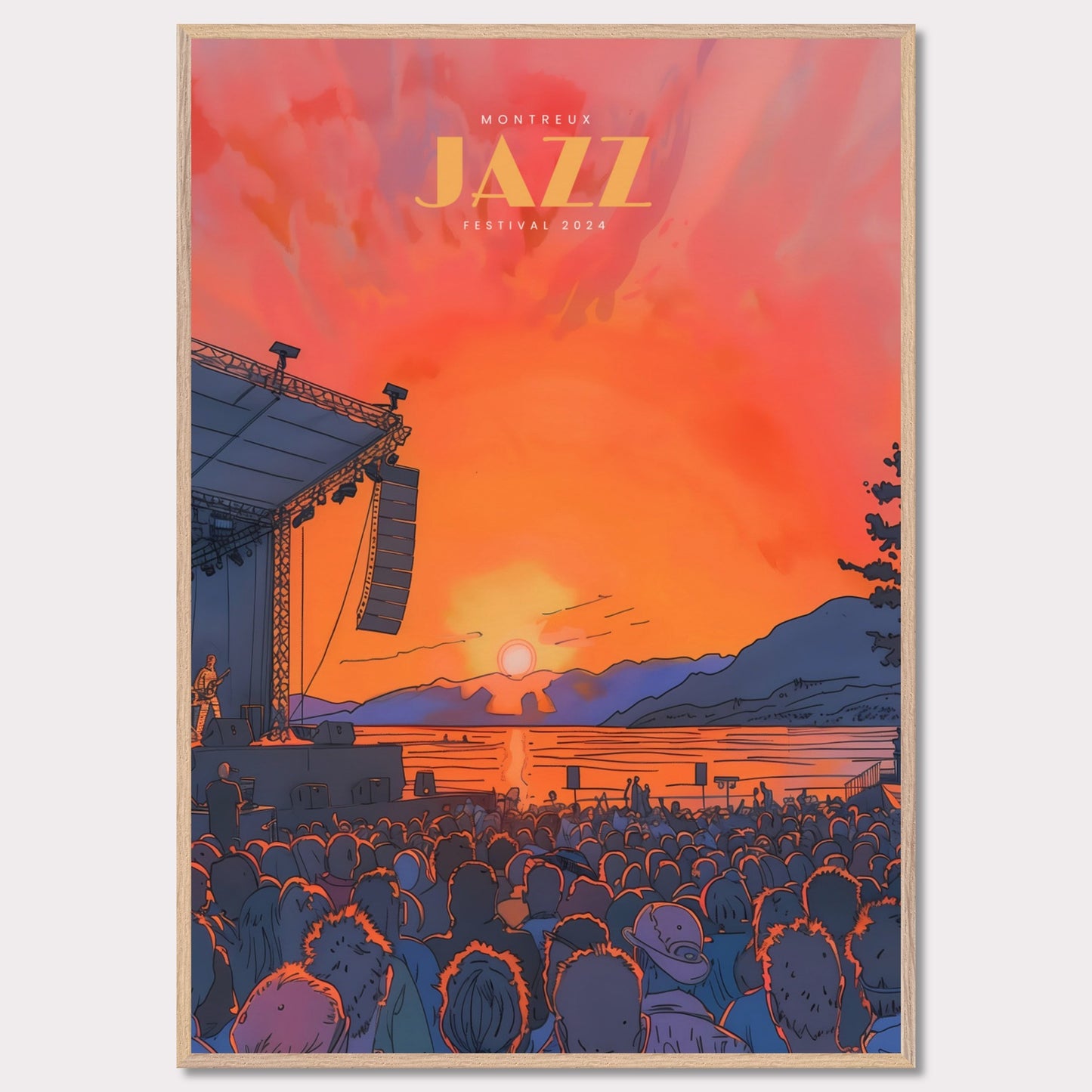 This vibrant poster showcases the Montreux Jazz Festival 2024, capturing the essence of a live outdoor concert at sunset. The scene is set with a large crowd facing a stage where a musician performs against a backdrop of a stunning sunset over a lake and mountains.