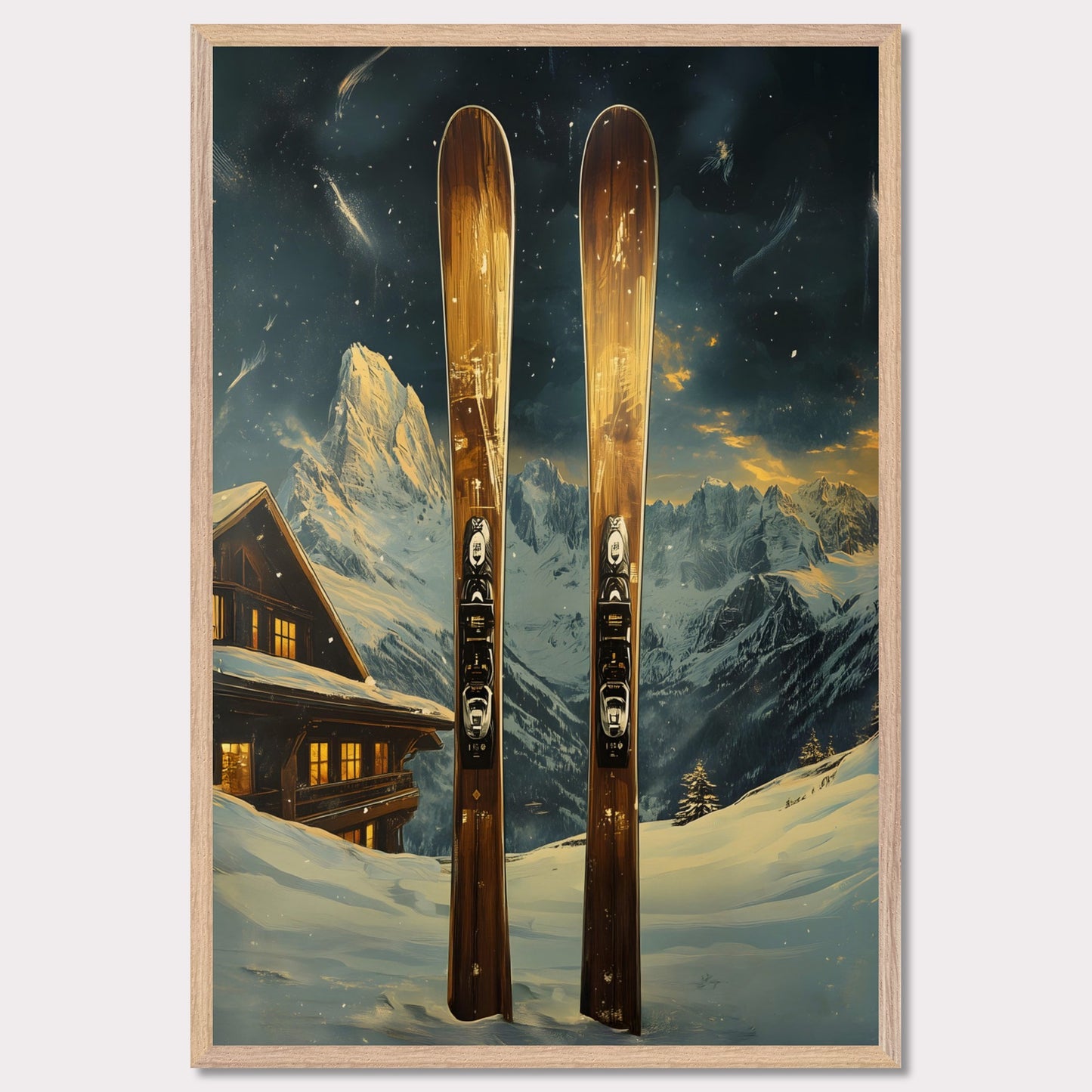 This dynamic poster showcases the exhilaration of a high-speed skiing adventure. Featuring a skier soaring off a powdery jump with a stunning panoramic view of rugged mountain ranges, it encapsulates the spirit of daring exploration and freedom. The vibrant energy of the scene is infectious.