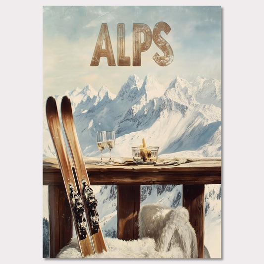 This vibrant poster captures the charm of après-ski culture with a rustic wooden terrace overlooking snow-covered mountains. The warm textures of fur throws and the elegant wine glasses create an inviting post-ski ambiance.