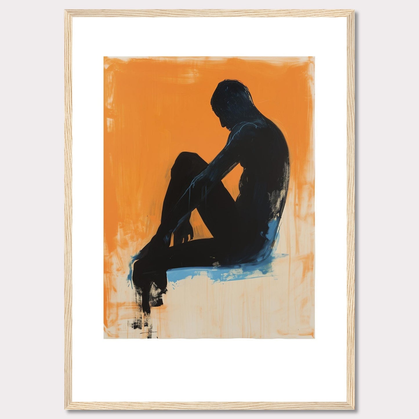 This striking artwork features a silhouette of a seated figure against a vibrant orange background, creating a powerful contrast. The figure is painted in dark tones with hints of blue, adding depth and emotion to the piece.