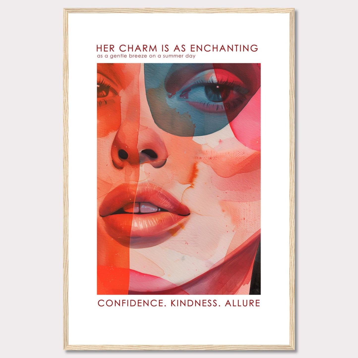 This captivating artwork features a vibrant and abstract portrait of a woman's face, blending warm and cool tones seamlessly. The text at the top reads, "HER CHARM IS AS ENCHANTING as a gentle breeze on a summer day," and at the bottom, it emphasizes "CONFIDENCE. KINDNESS. ALLURE." The image evokes a sense of elegance, mystery, and strength.