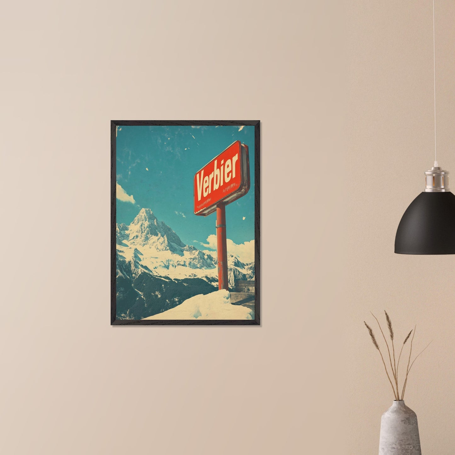 This striking retro-style poster showcases the iconic "Verbier" sign against the backdrop of towering snow-covered peaks and a bright blue sky. The rustic sign, partially worn by time, perfectly complements the expansive, untouched wilderness of the Swiss Alps. The vintage color palette and texture evoke a sense of nostalgia, capturing the allure of Verbier as a timeless destination for adventure and escape into nature’s beauty.