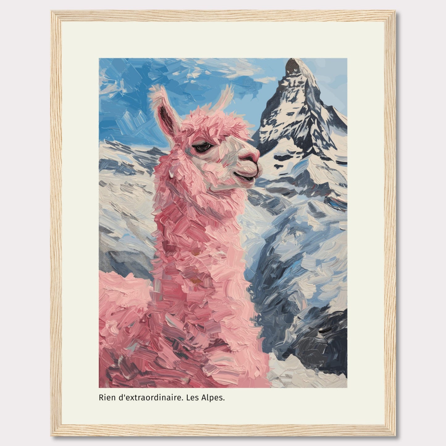 This whimsical painting features a pink llama standing proudly against the backdrop of the majestic Alps. The vibrant colors and playful brushstrokes bring a sense of fun and adventure to the scene.